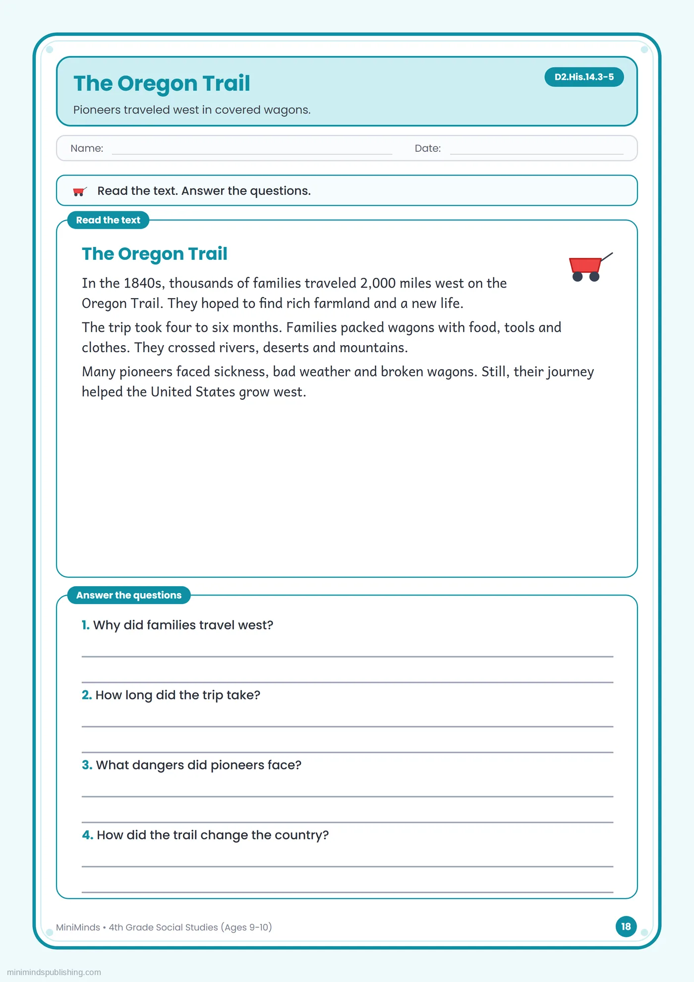 The Oregon Trail — free printable 4th Grade social studies worksheet for ages 9-10