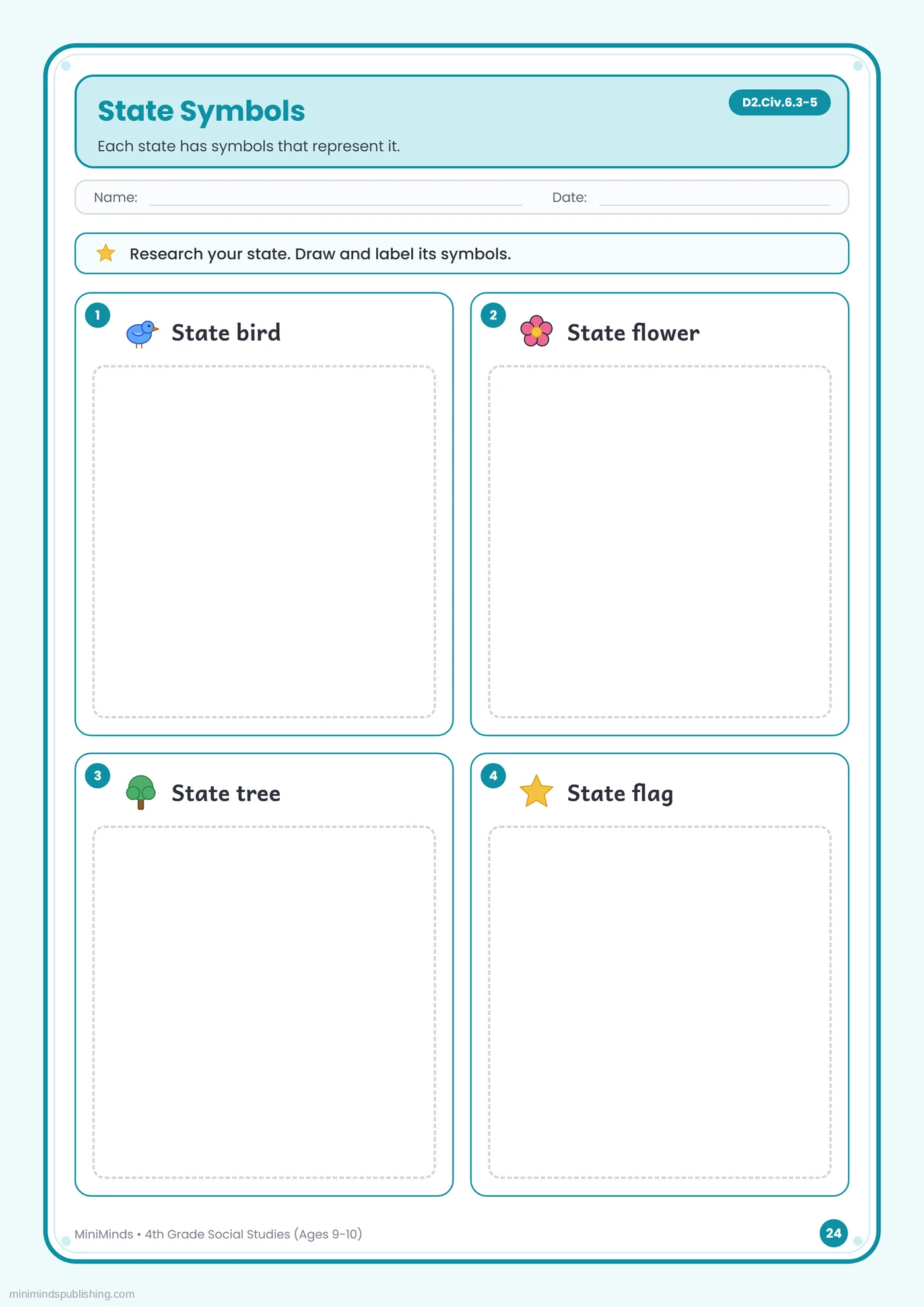State Symbols — free printable 4th Grade social studies worksheet for ages 9-10
