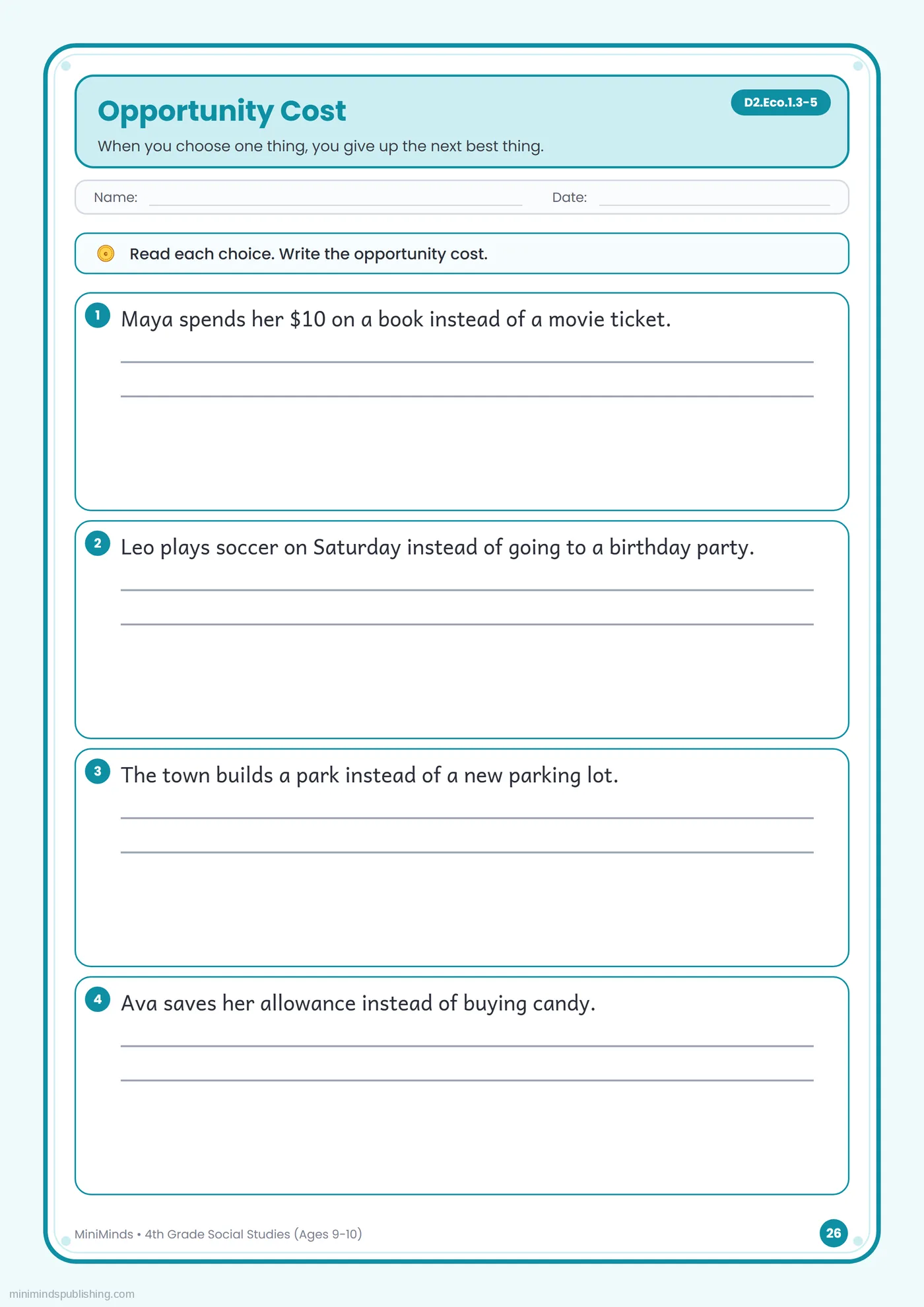 Opportunity Cost — free printable 4th Grade social studies worksheet for ages 9-10