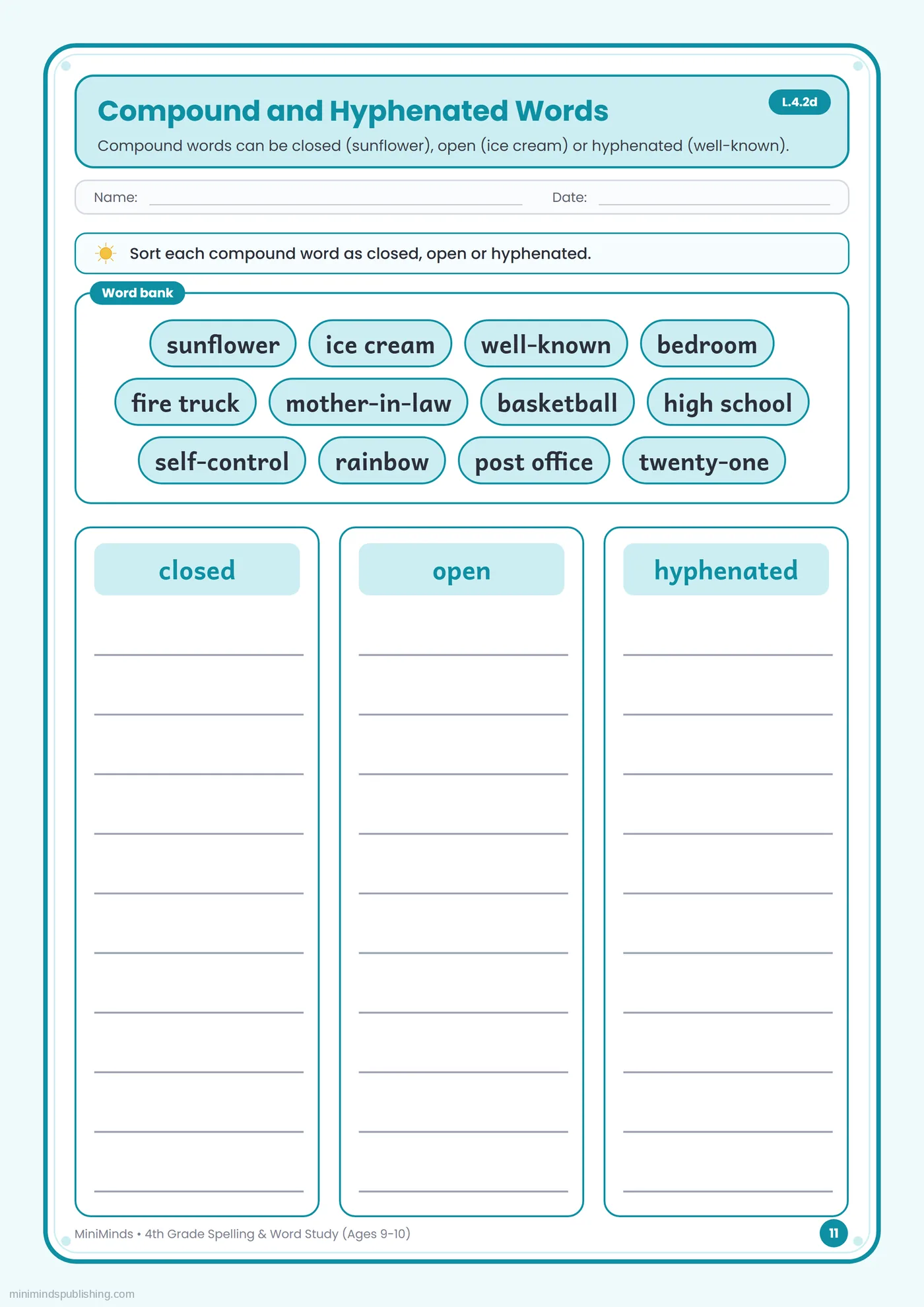 Compound and Hyphenated Words — free printable 4th Grade spelling & word study worksheet for ages 9-10