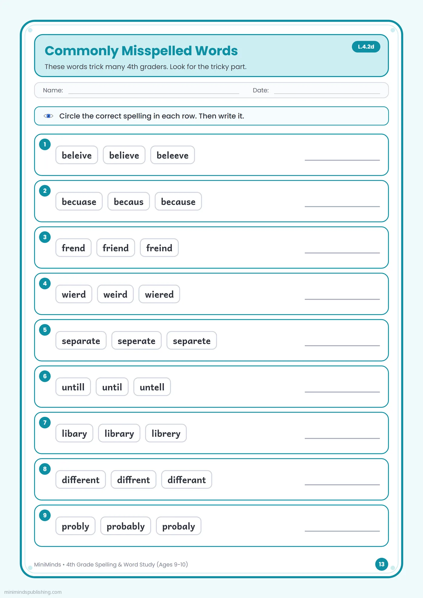 Commonly Misspelled Words — free printable 4th Grade spelling & word study worksheet for ages 9-10