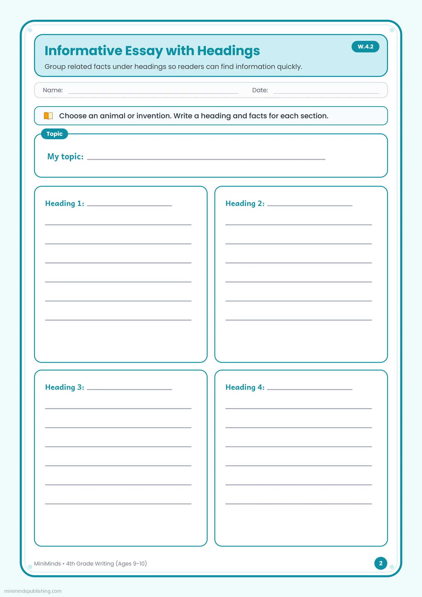 Informative Essay with Headings — free printable 4th Grade writing worksheet for ages 9-10