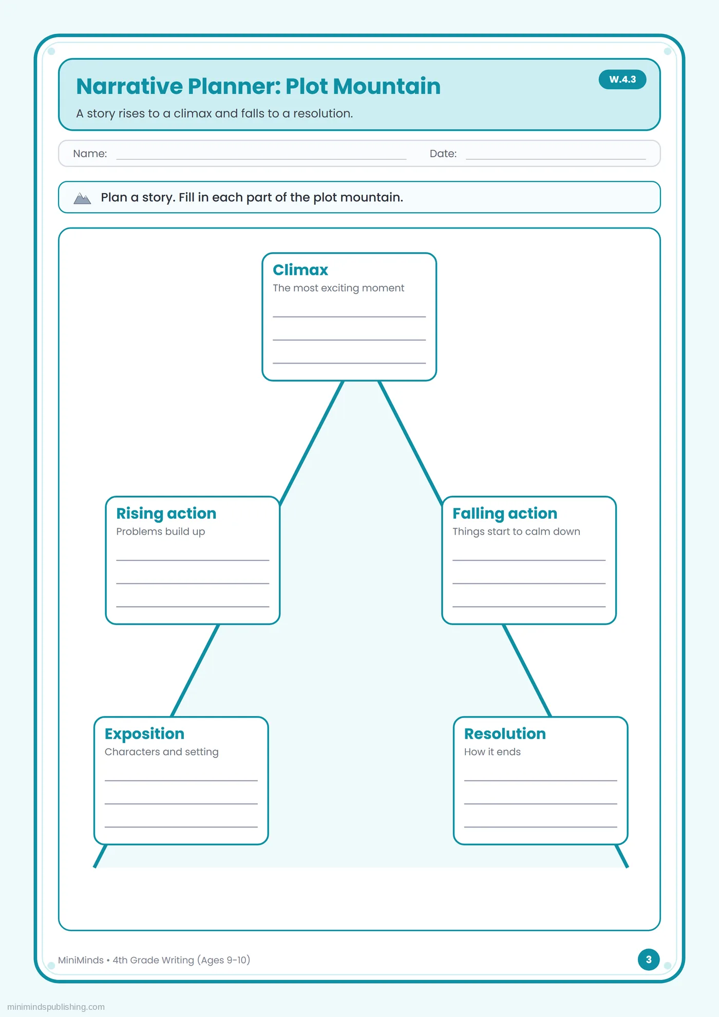 Narrative Planner: Plot Mountain — free printable 4th Grade writing worksheet for ages 9-10