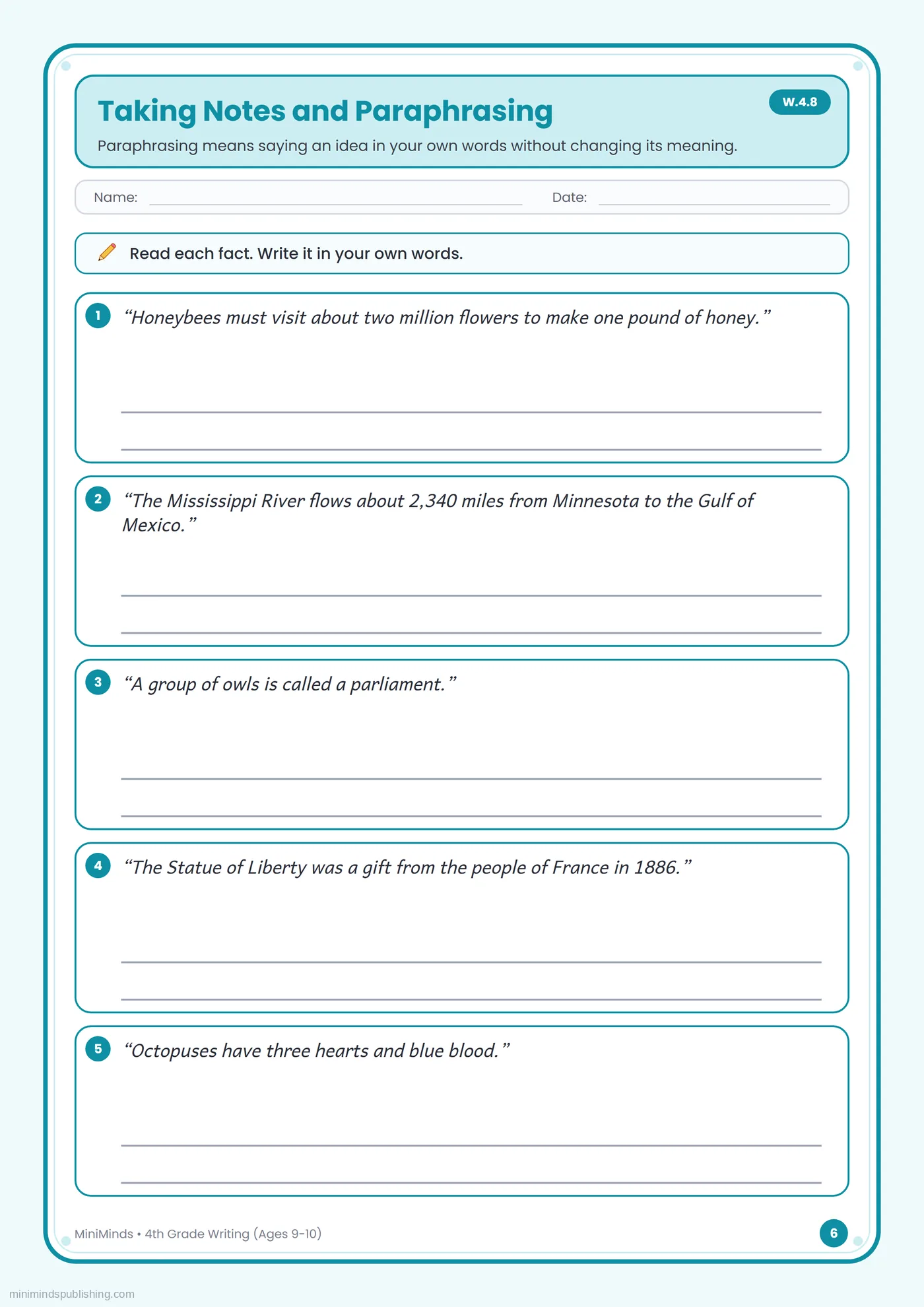 Taking Notes and Paraphrasing — free printable 4th Grade writing worksheet for ages 9-10