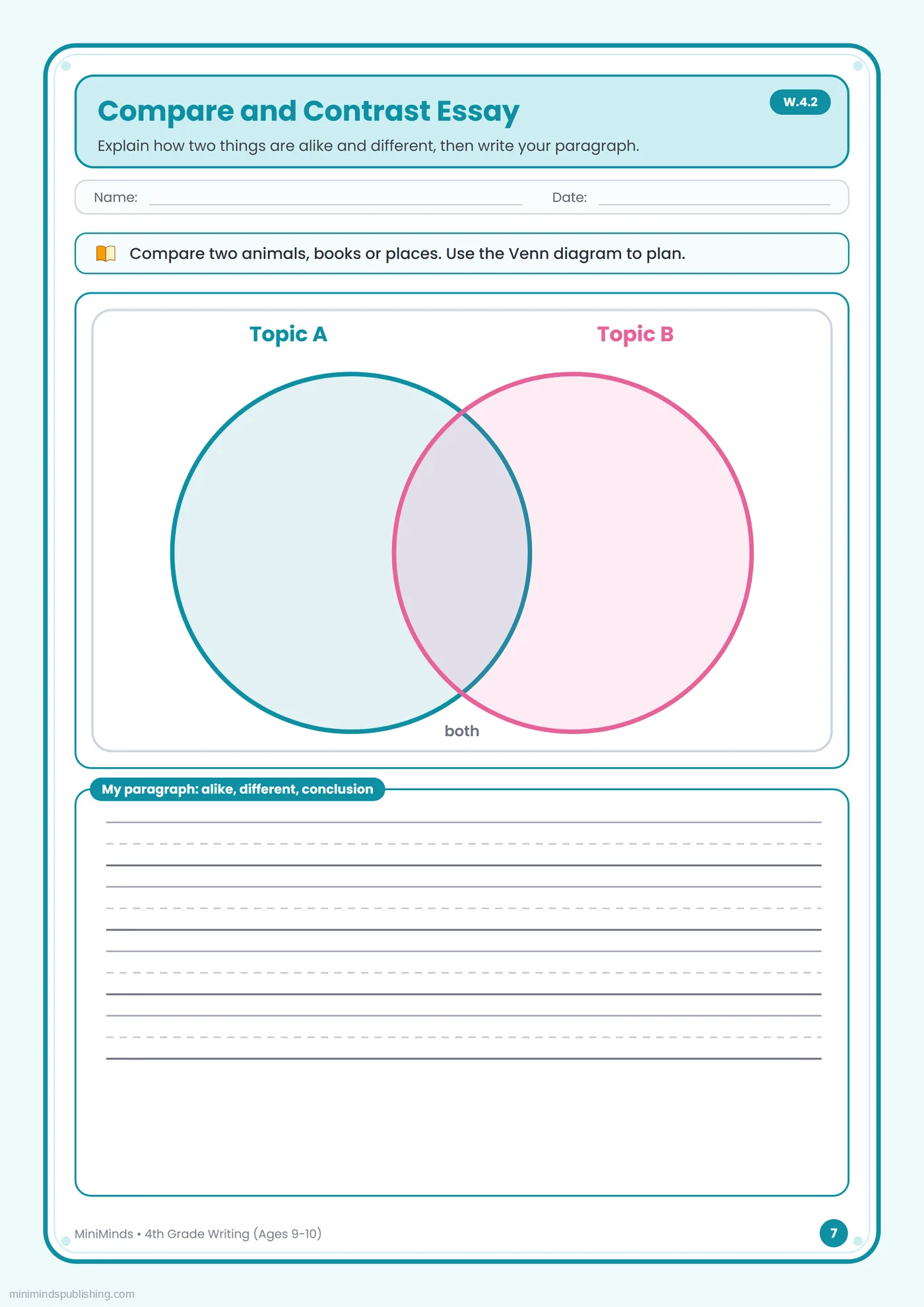 Compare and Contrast Essay — free printable 4th Grade writing worksheet for ages 9-10
