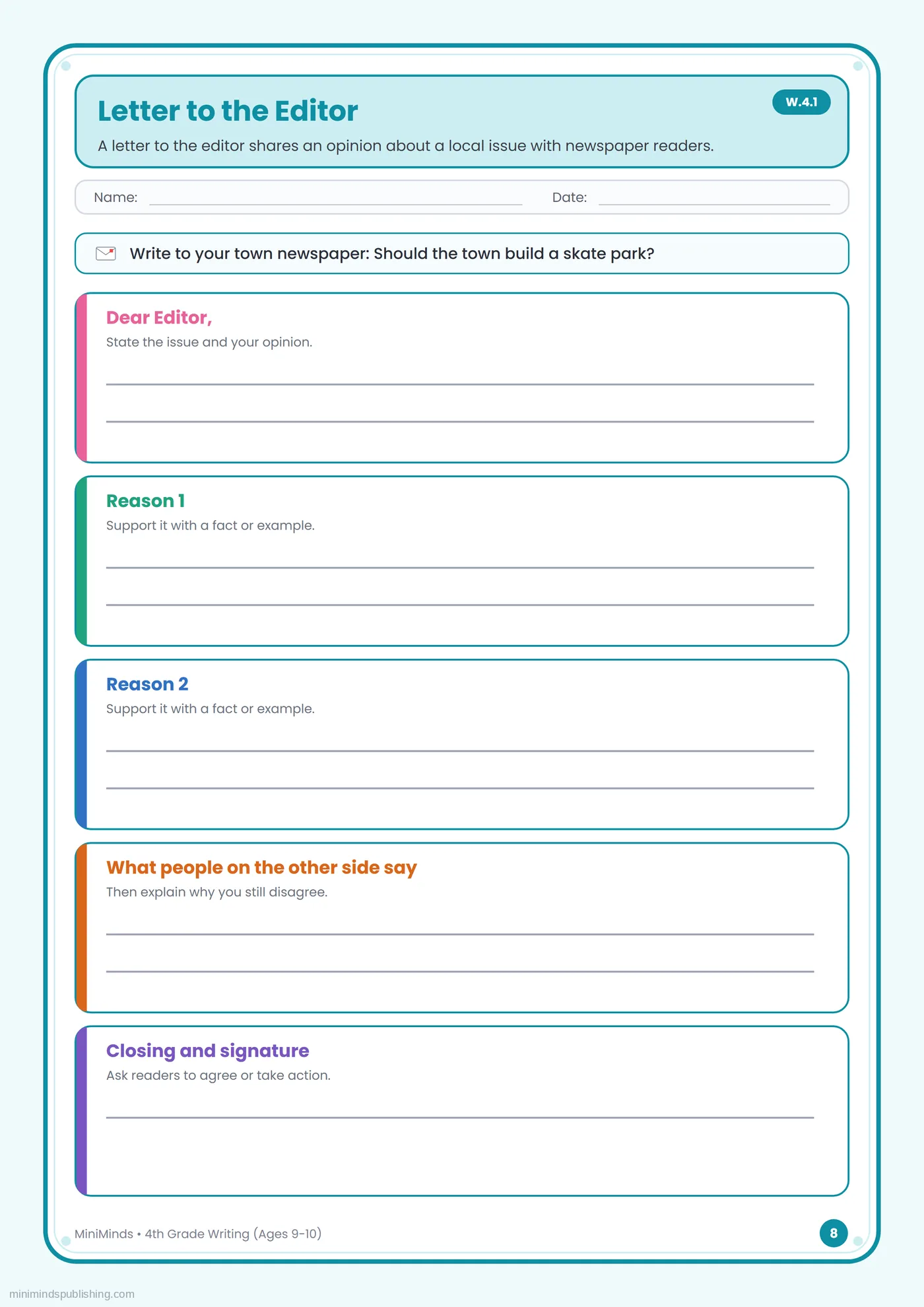Letter to the Editor — free printable 4th Grade writing worksheet for ages 9-10