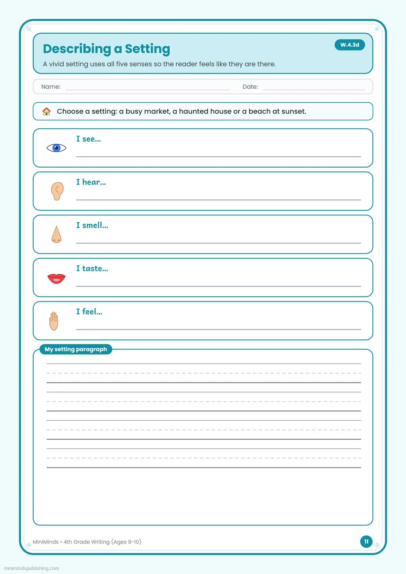 Describing a Setting — free printable 4th Grade writing worksheet for ages 9-10