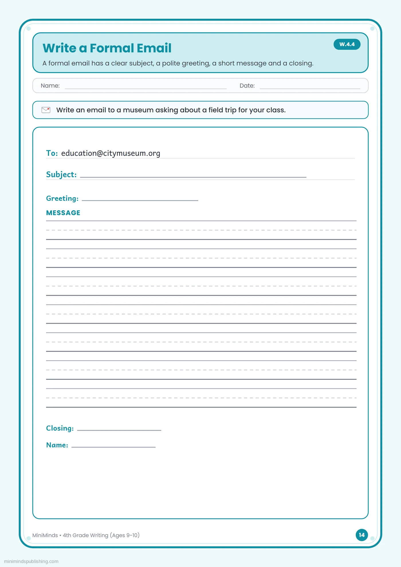 Write a Formal Email — free printable 4th Grade writing worksheet for ages 9-10