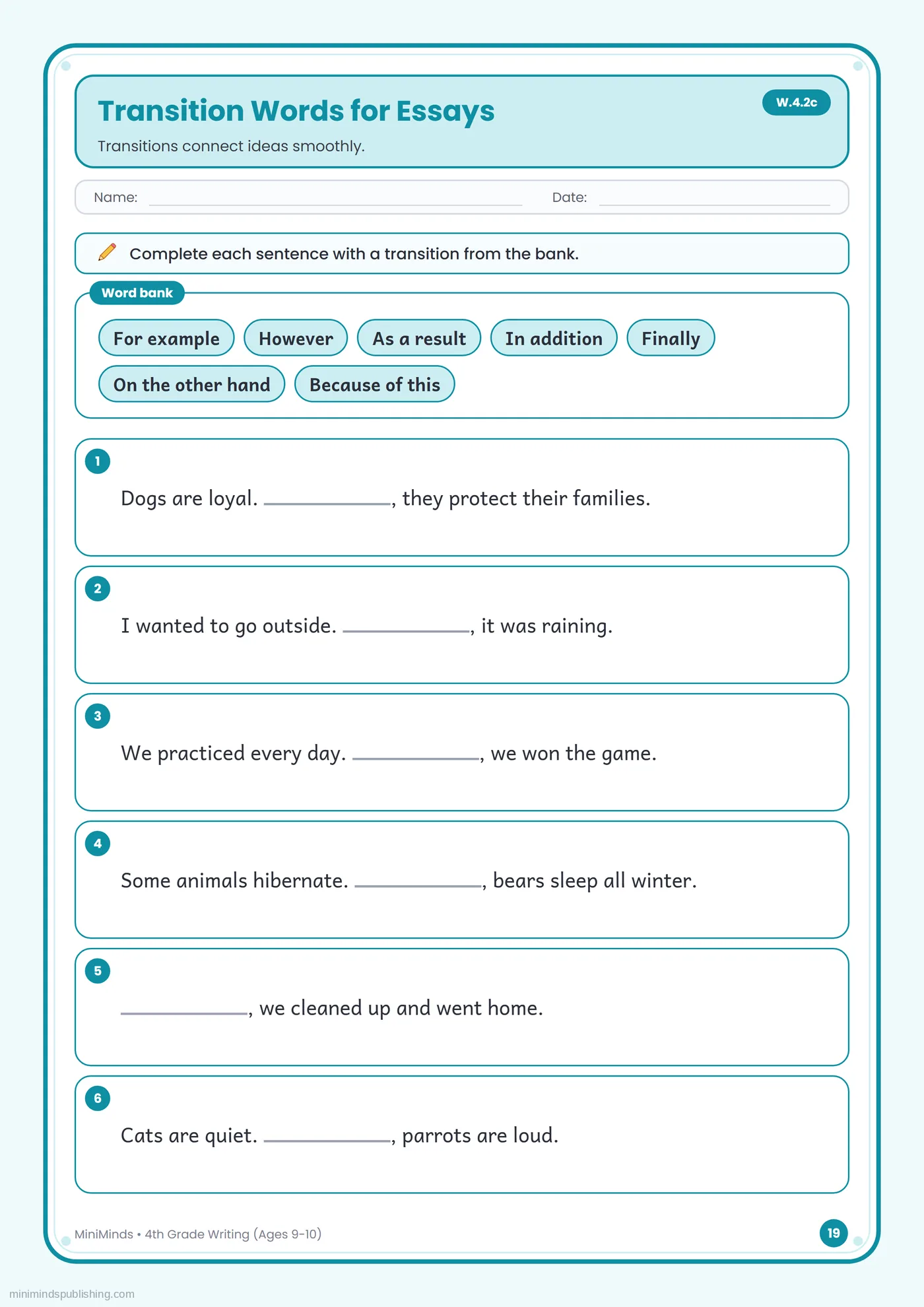 Transition Words for Essays — free printable 4th Grade writing worksheet for ages 9-10