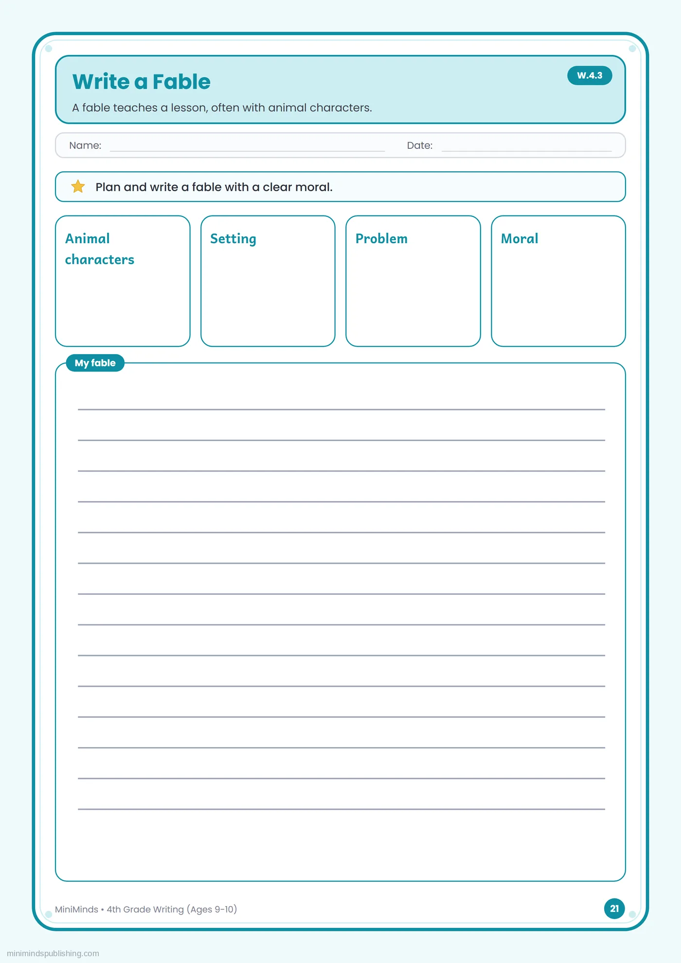 Write a Fable — free printable 4th Grade writing worksheet for ages 9-10