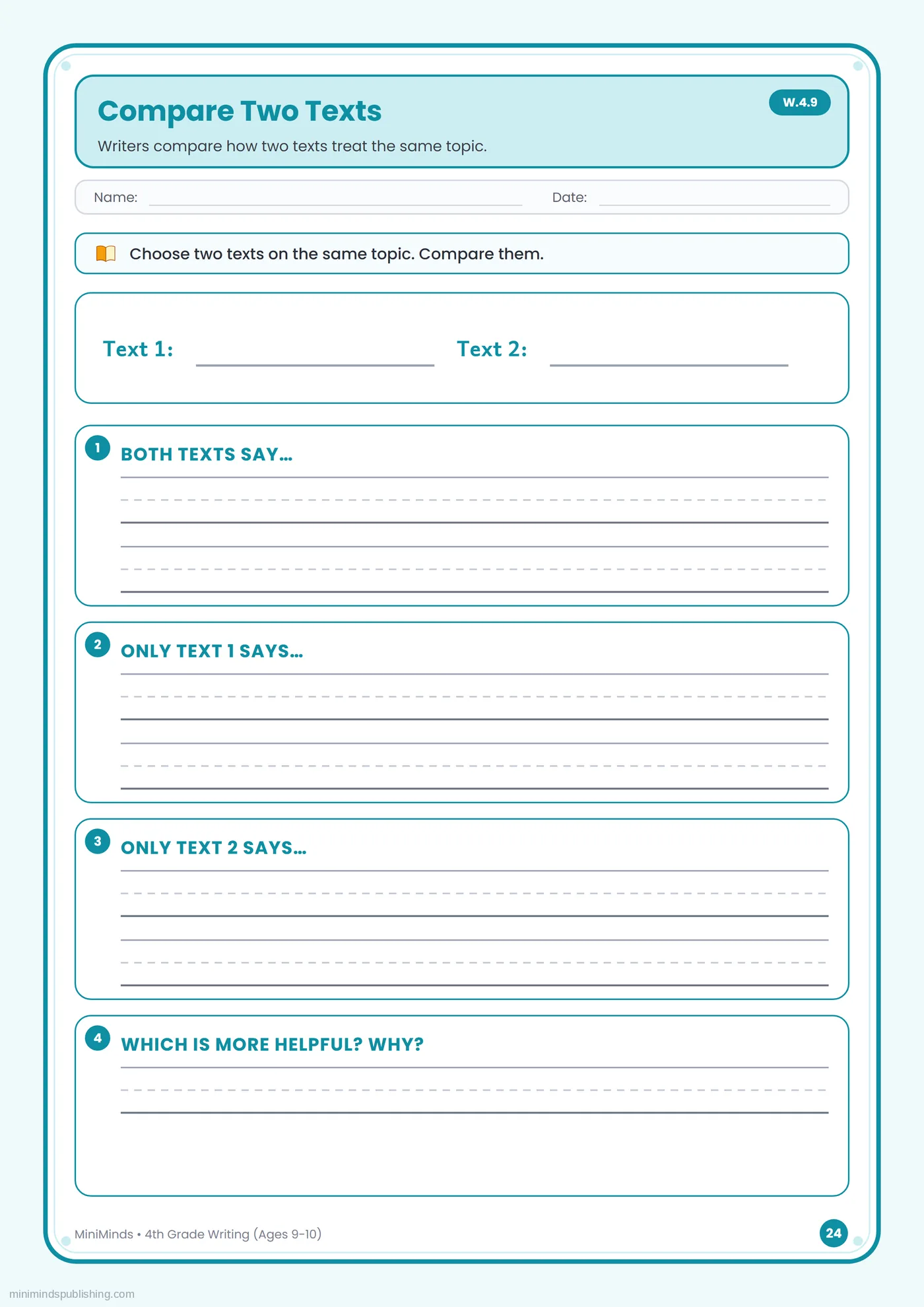 Compare Two Texts — free printable 4th Grade writing worksheet for ages 9-10