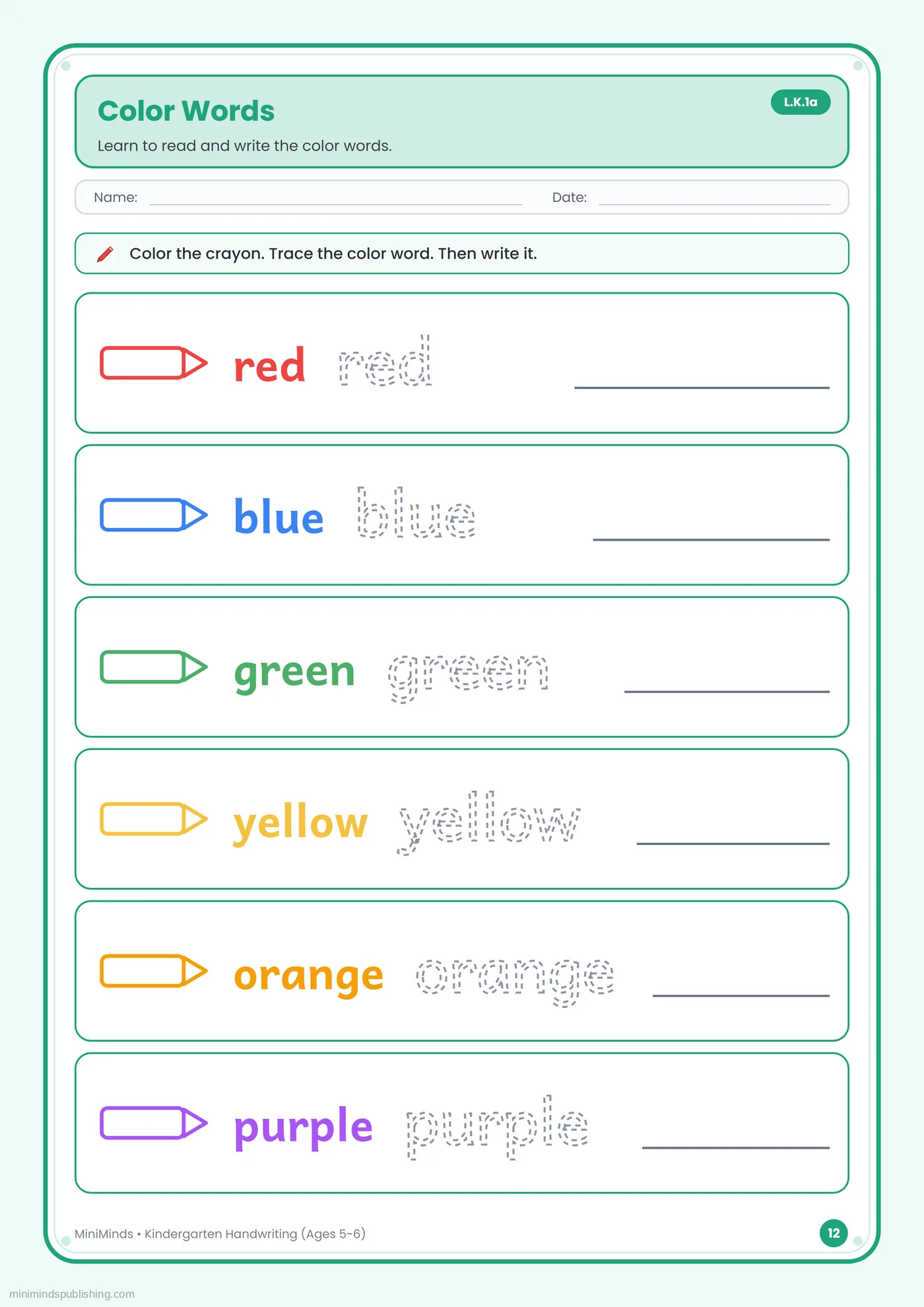 Color Words — free printable Kindergarten handwriting worksheet for ages 5-6