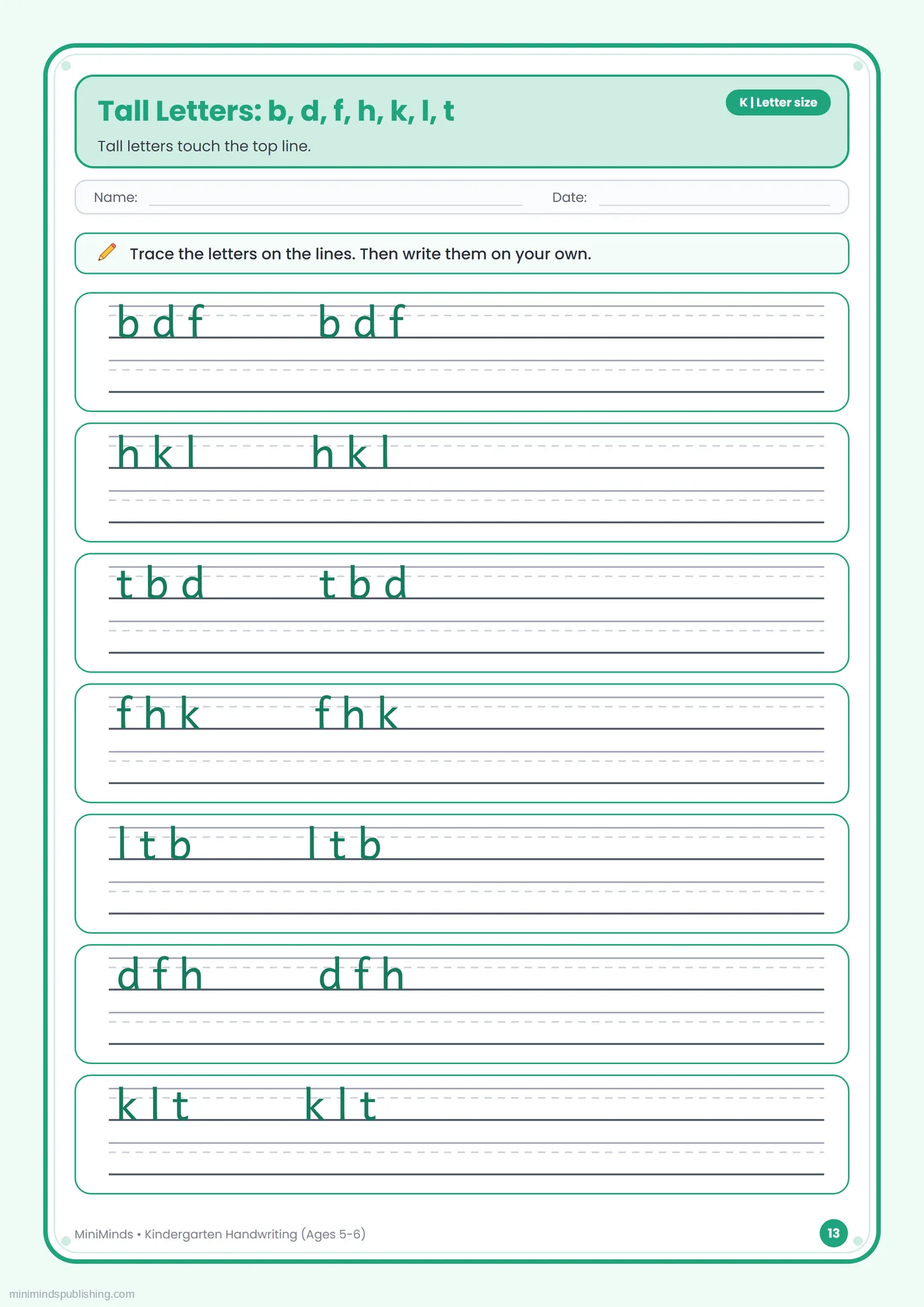 Tall Letters: b, d, f, h, k, l, t โ free printable Kindergarten handwriting worksheet for ages 5-6