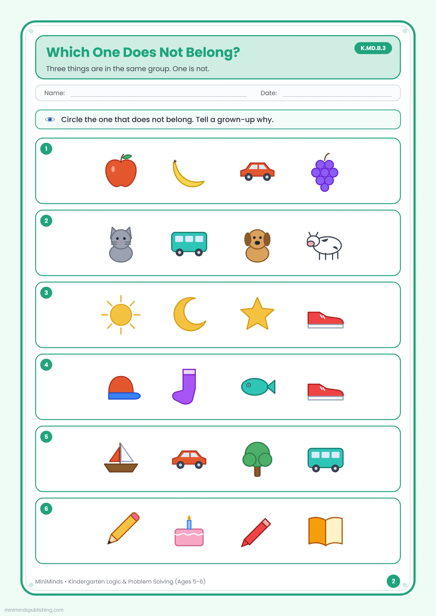 Which One Does Not Belong? — free printable Kindergarten logic & problem solving worksheet for ages 5-6