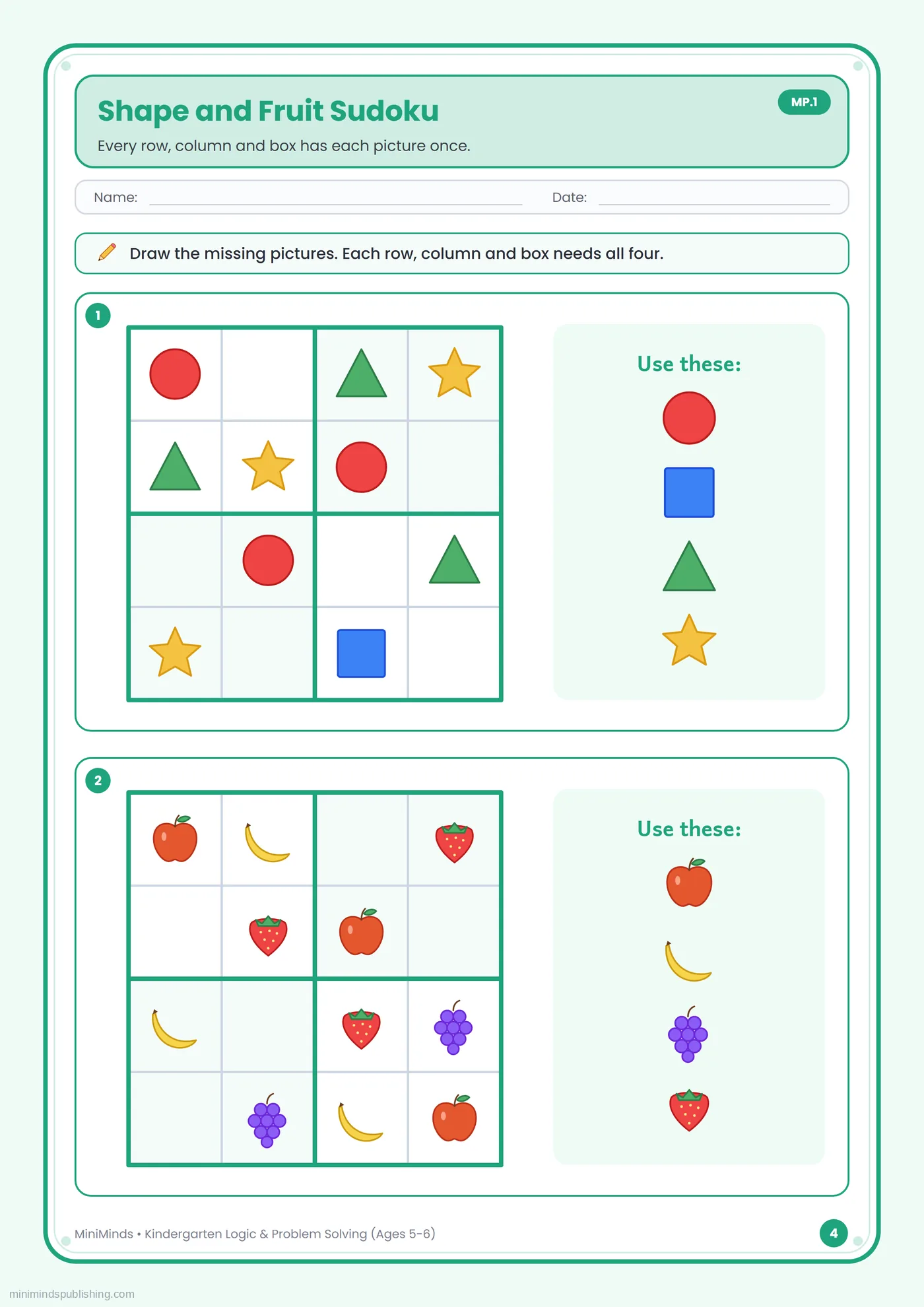 Shape and Fruit Sudoku — free printable Kindergarten logic & problem solving worksheet for ages 5-6