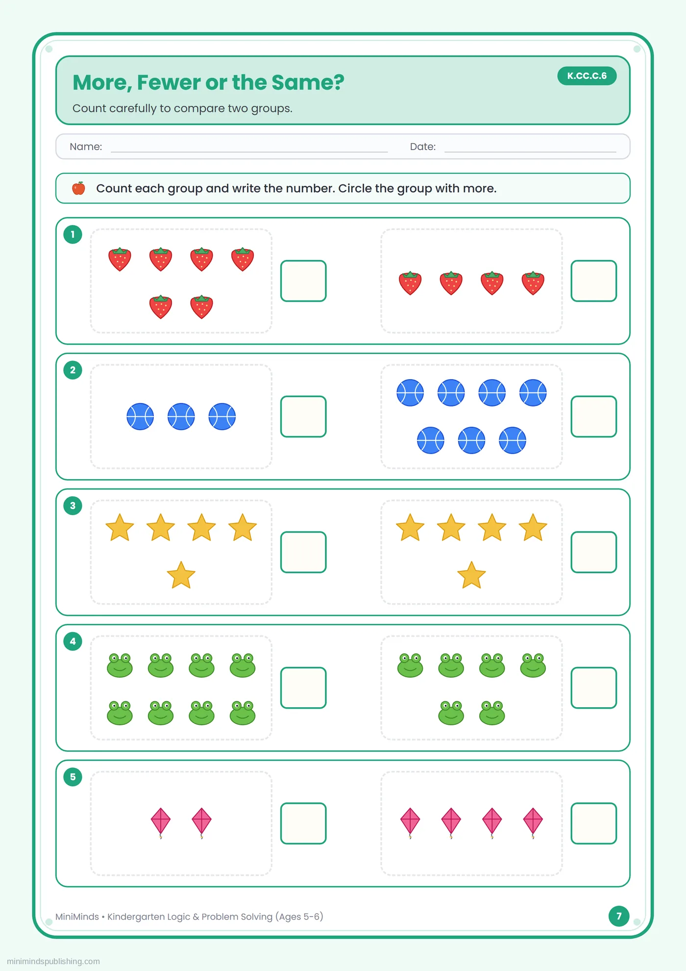 More, Fewer or the Same? — free printable Kindergarten logic & problem solving worksheet for ages 5-6