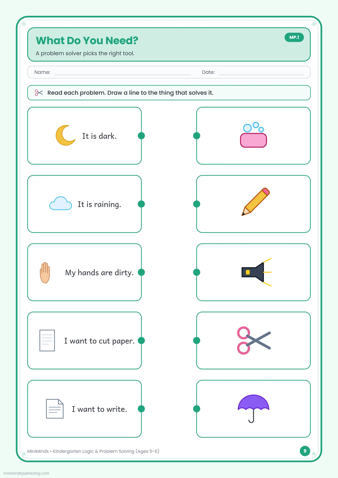 What Do You Need? — free printable Kindergarten logic & problem solving worksheet for ages 5-6