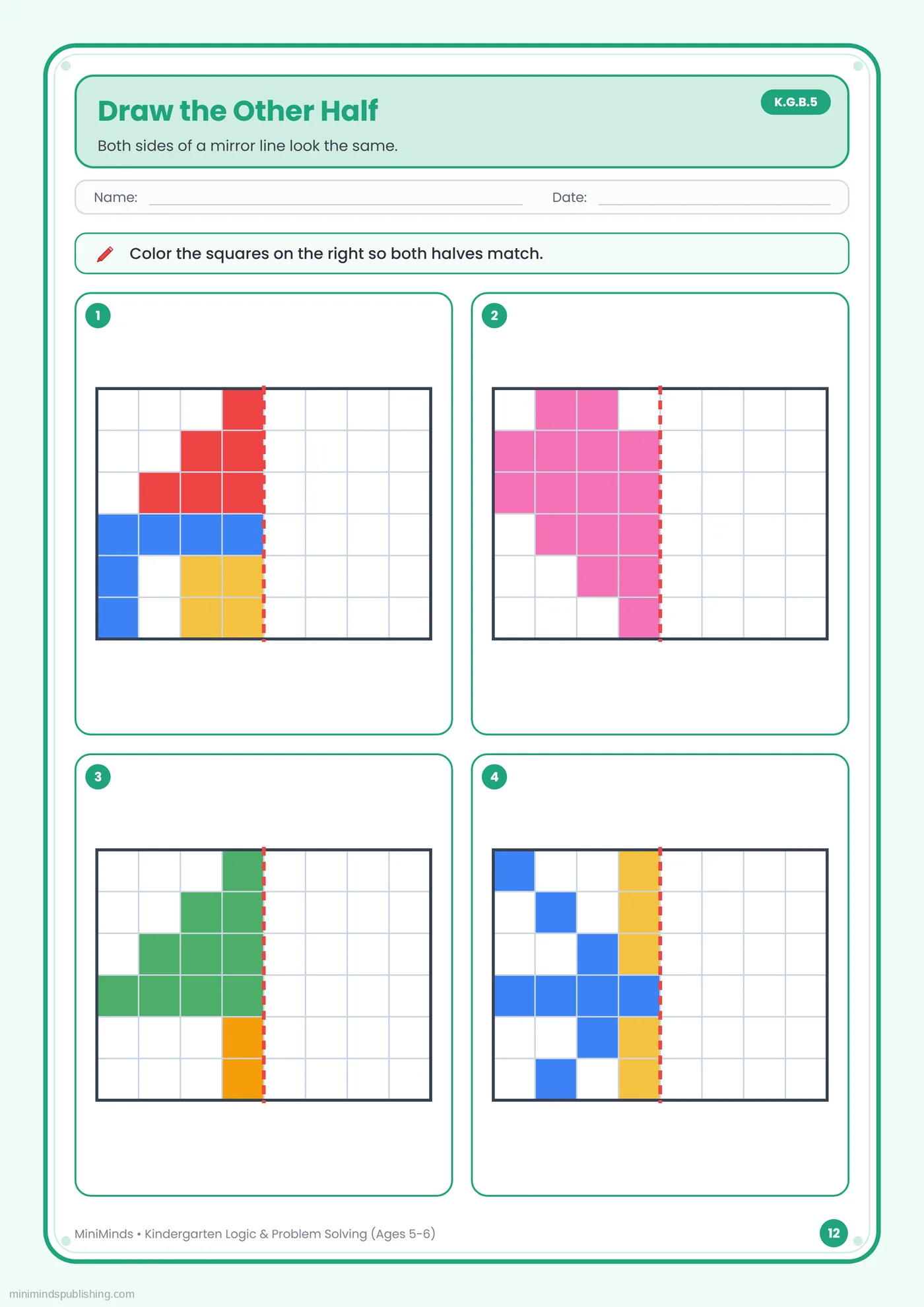 Draw the Other Half — free printable Kindergarten logic & problem solving worksheet for ages 5-6