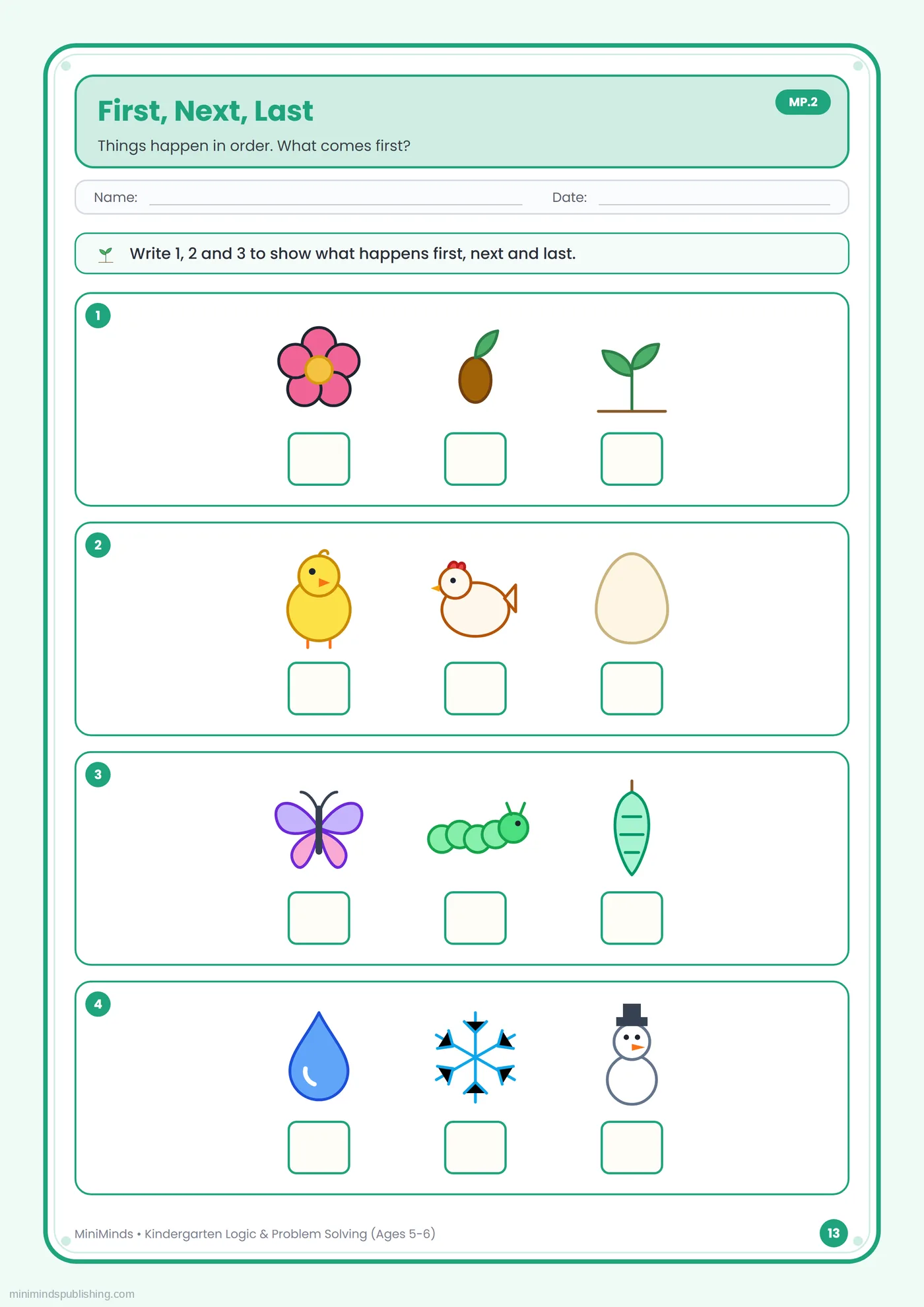 First, Next, Last — free printable Kindergarten logic & problem solving worksheet for ages 5-6