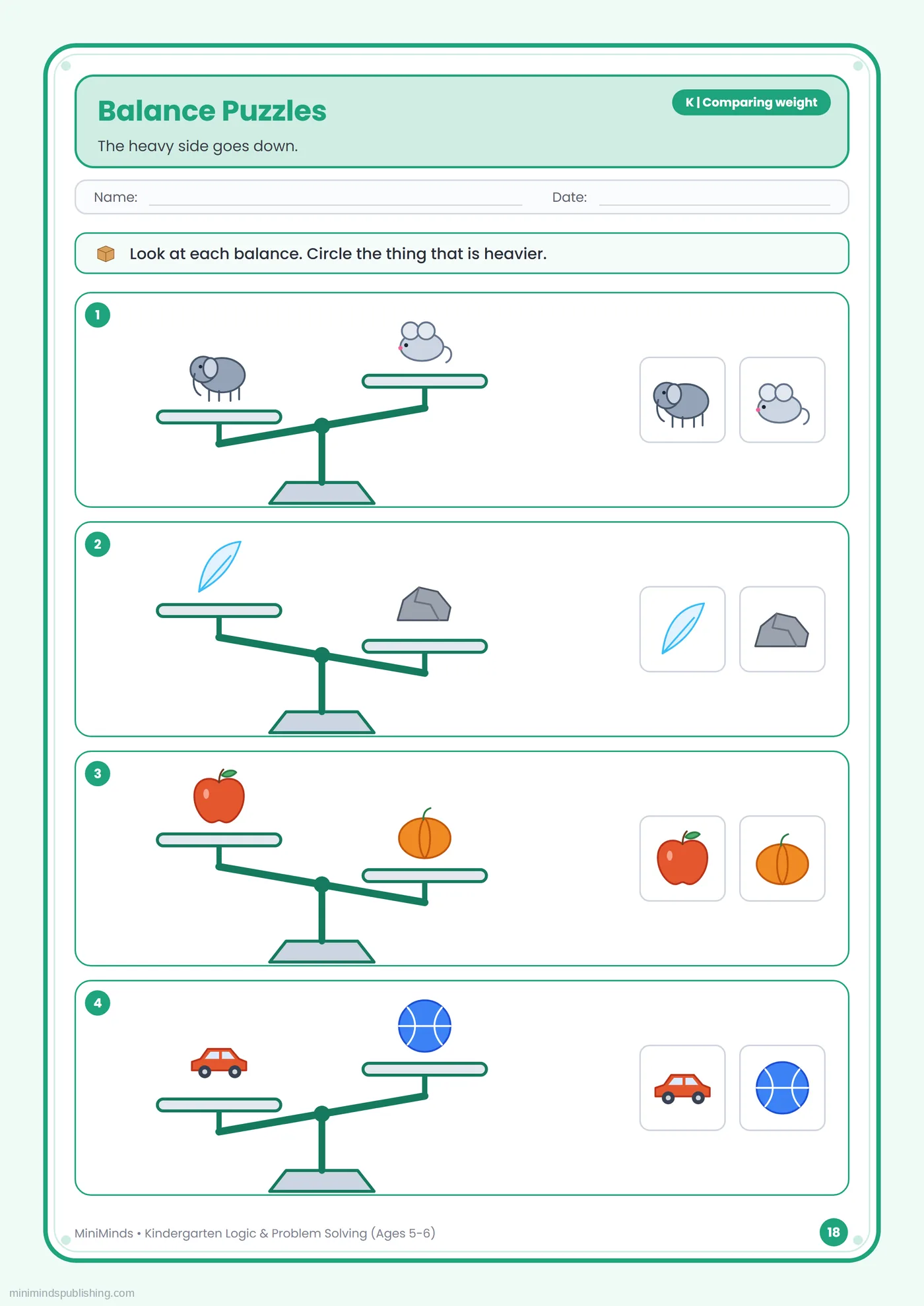 Balance Puzzles — free printable Kindergarten logic & problem solving worksheet for ages 5-6