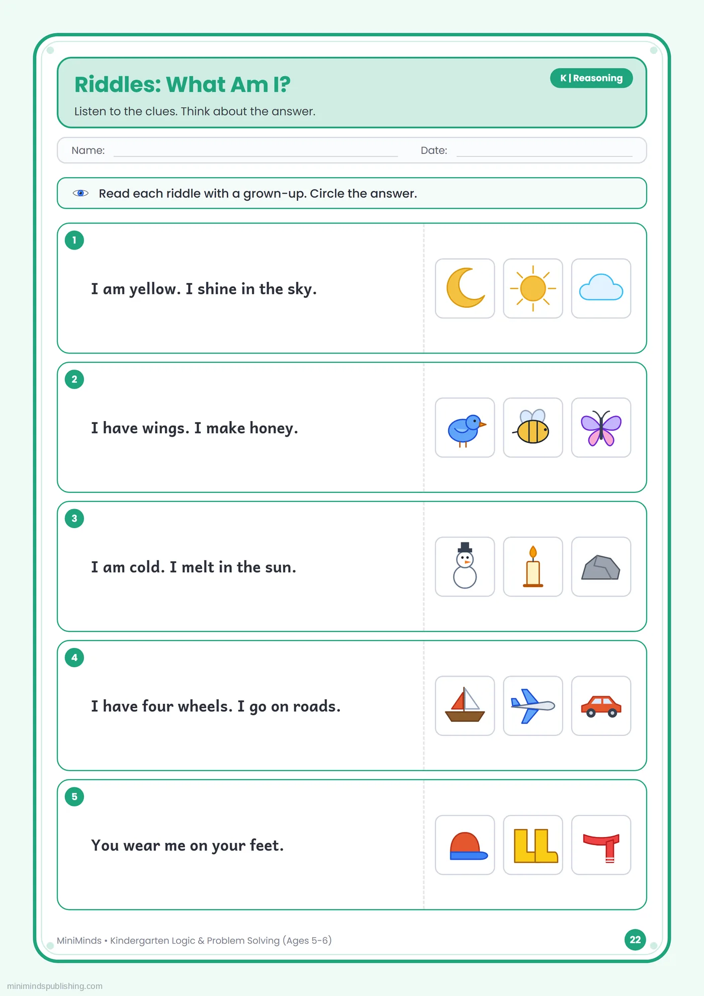 Riddles: What Am I? — free printable Kindergarten logic & problem solving worksheet for ages 5-6