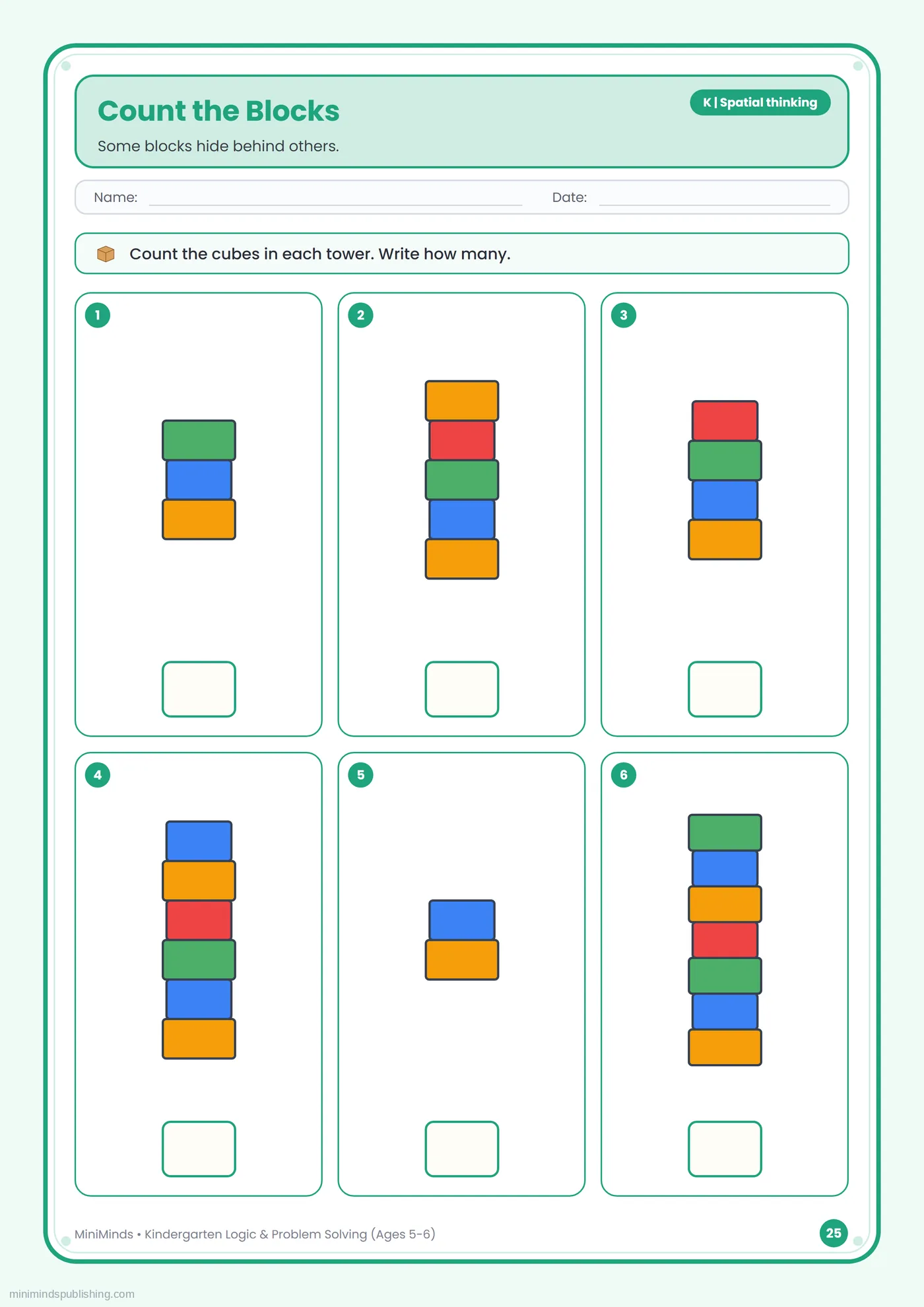 Count the Blocks — free printable Kindergarten logic & problem solving worksheet for ages 5-6