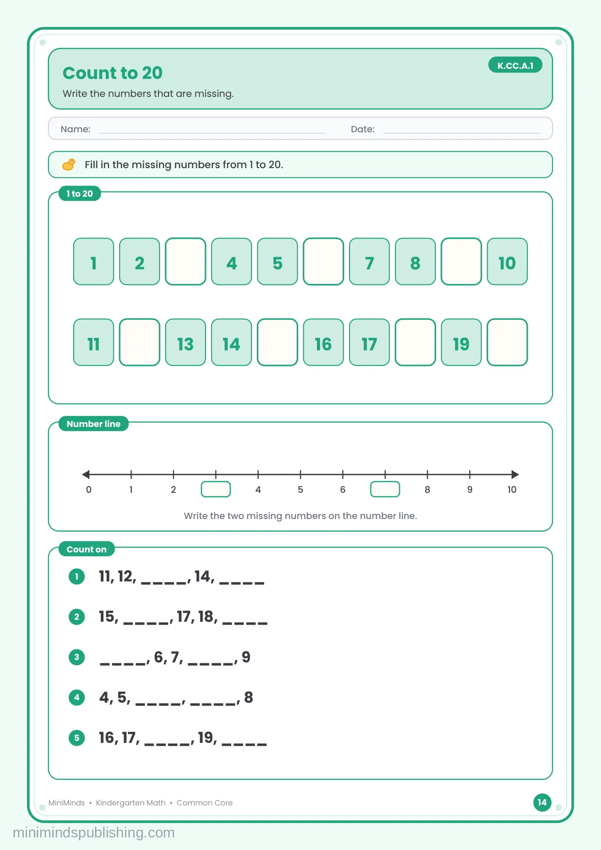 Count to 20 — free printable Kindergarten math worksheet for ages 5-6
