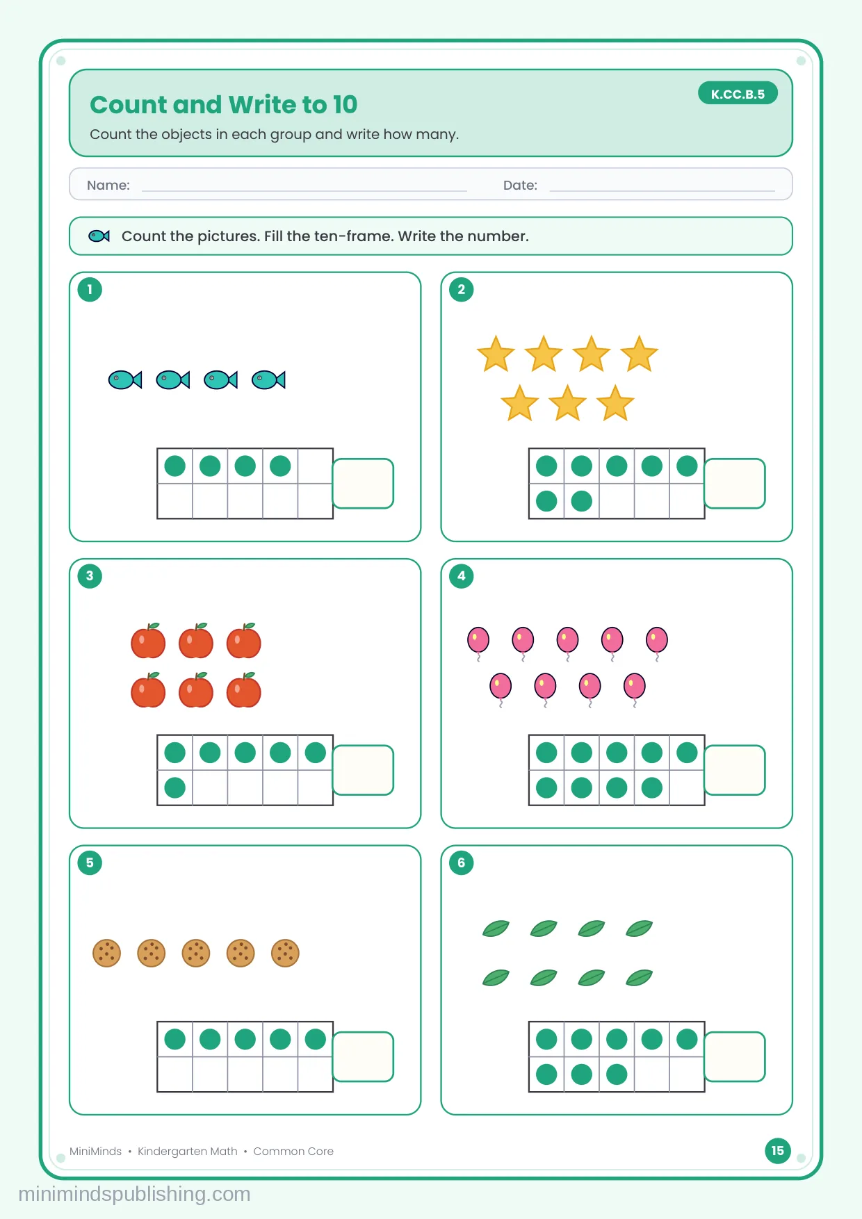 Count and Write to 10 — free printable Kindergarten math worksheet for ages 5-6