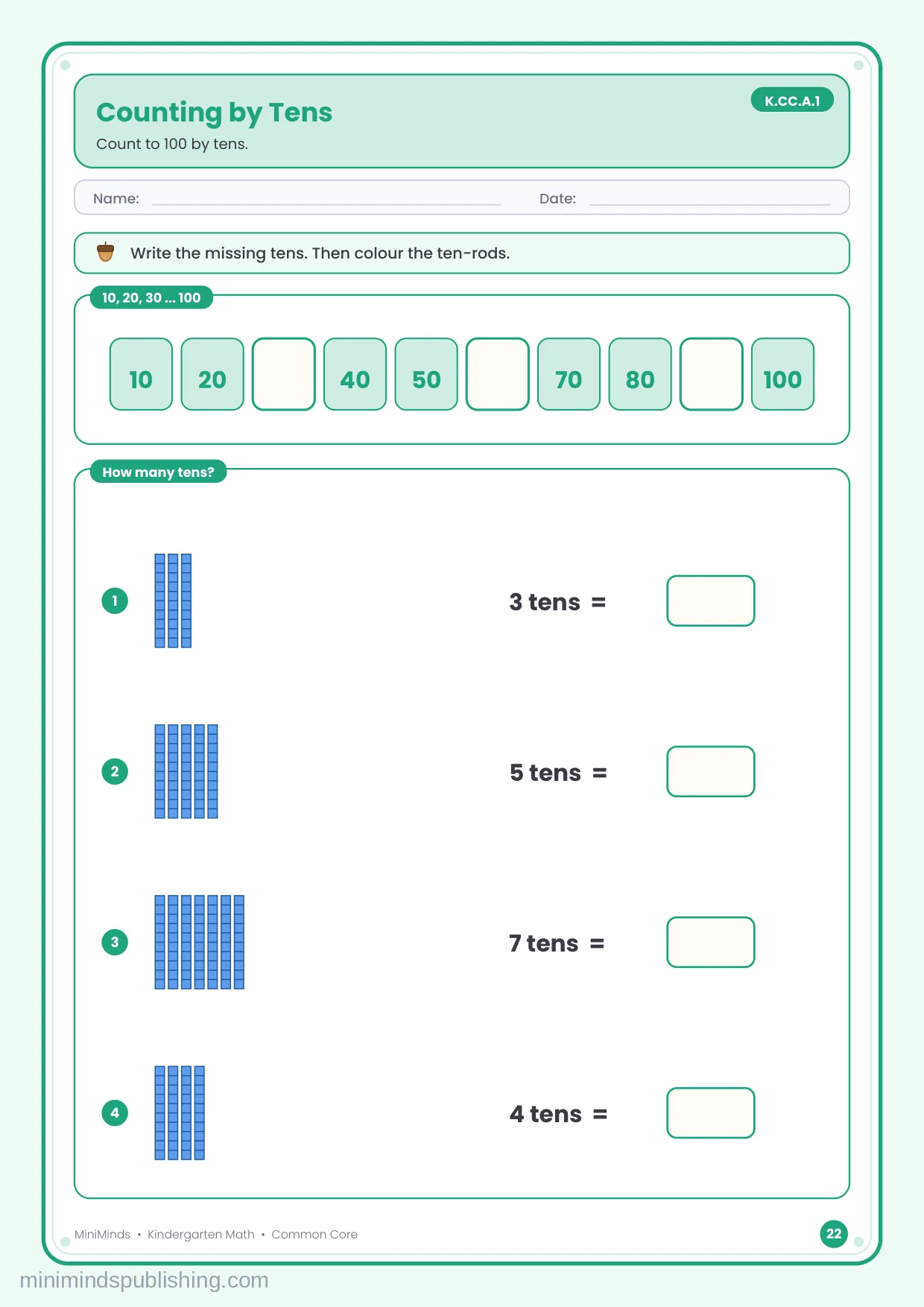Counting by Tens — free printable Kindergarten math worksheet for ages 5-6