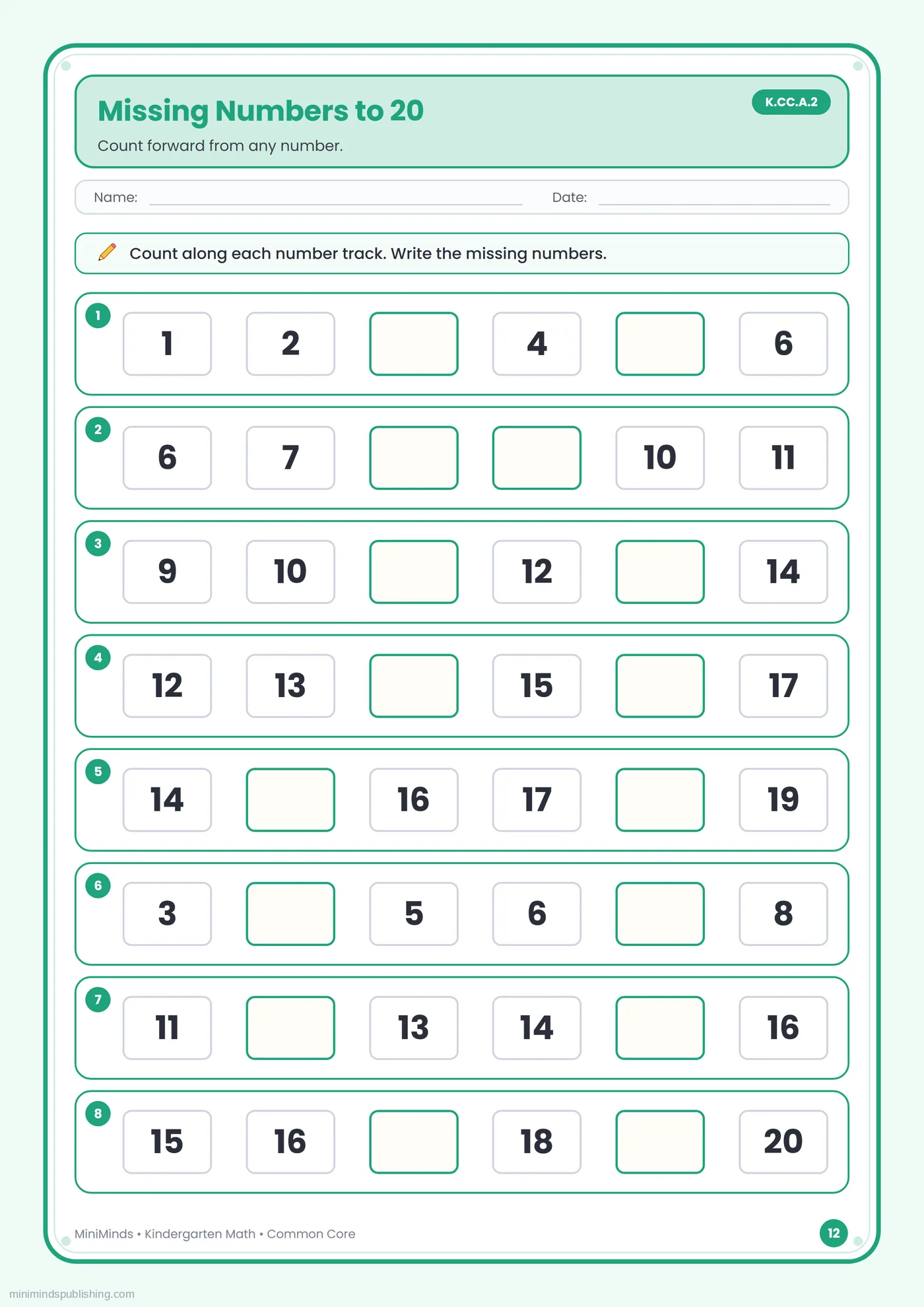Missing Numbers to 20 — free printable Kindergarten math worksheet for ages 5-6