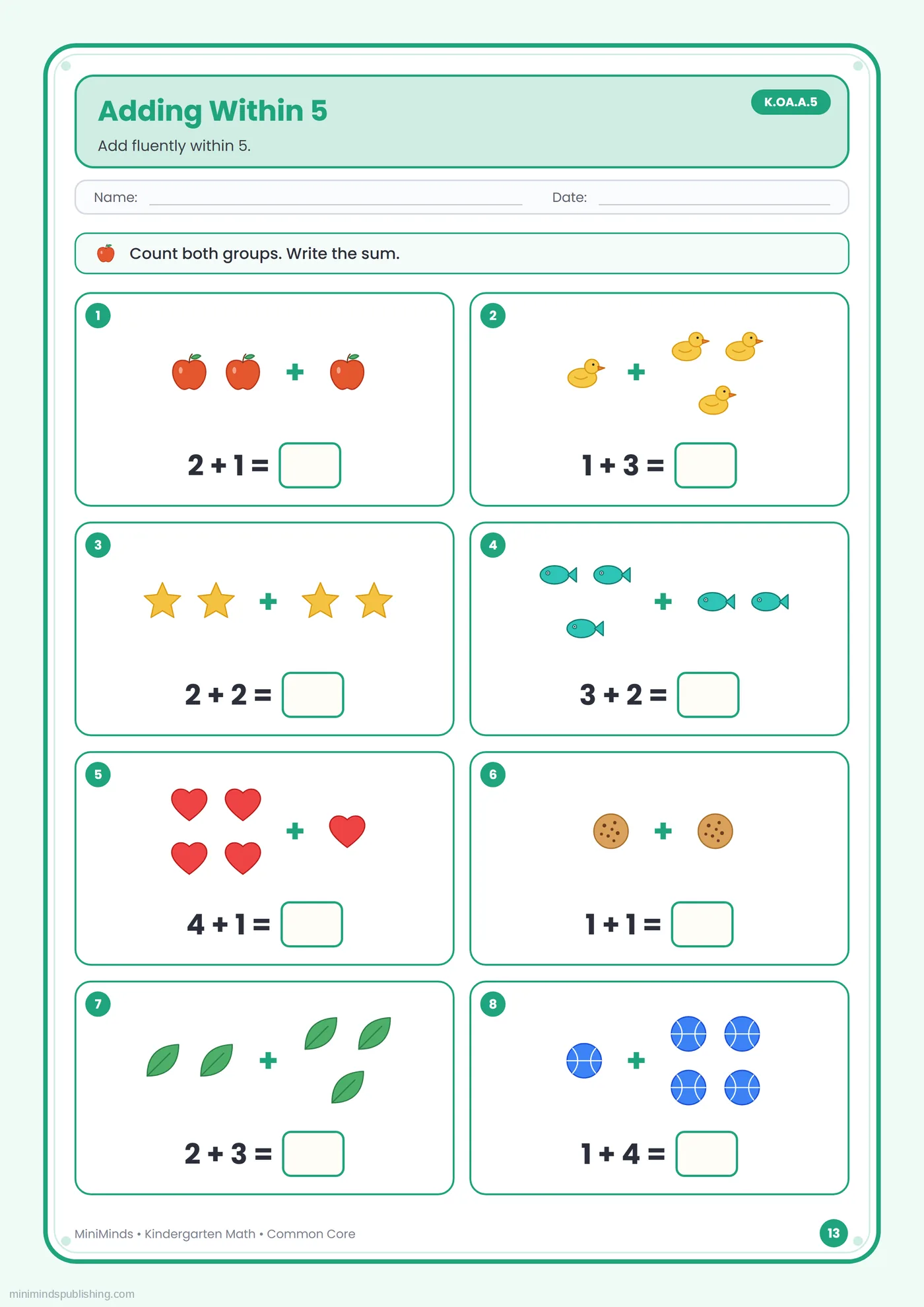 Adding Within 5 — free printable Kindergarten math worksheet for ages 5-6