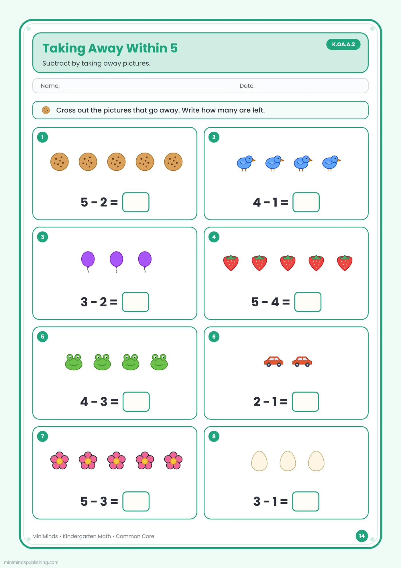 Taking Away Within 5 — free printable Kindergarten math worksheet for ages 5-6