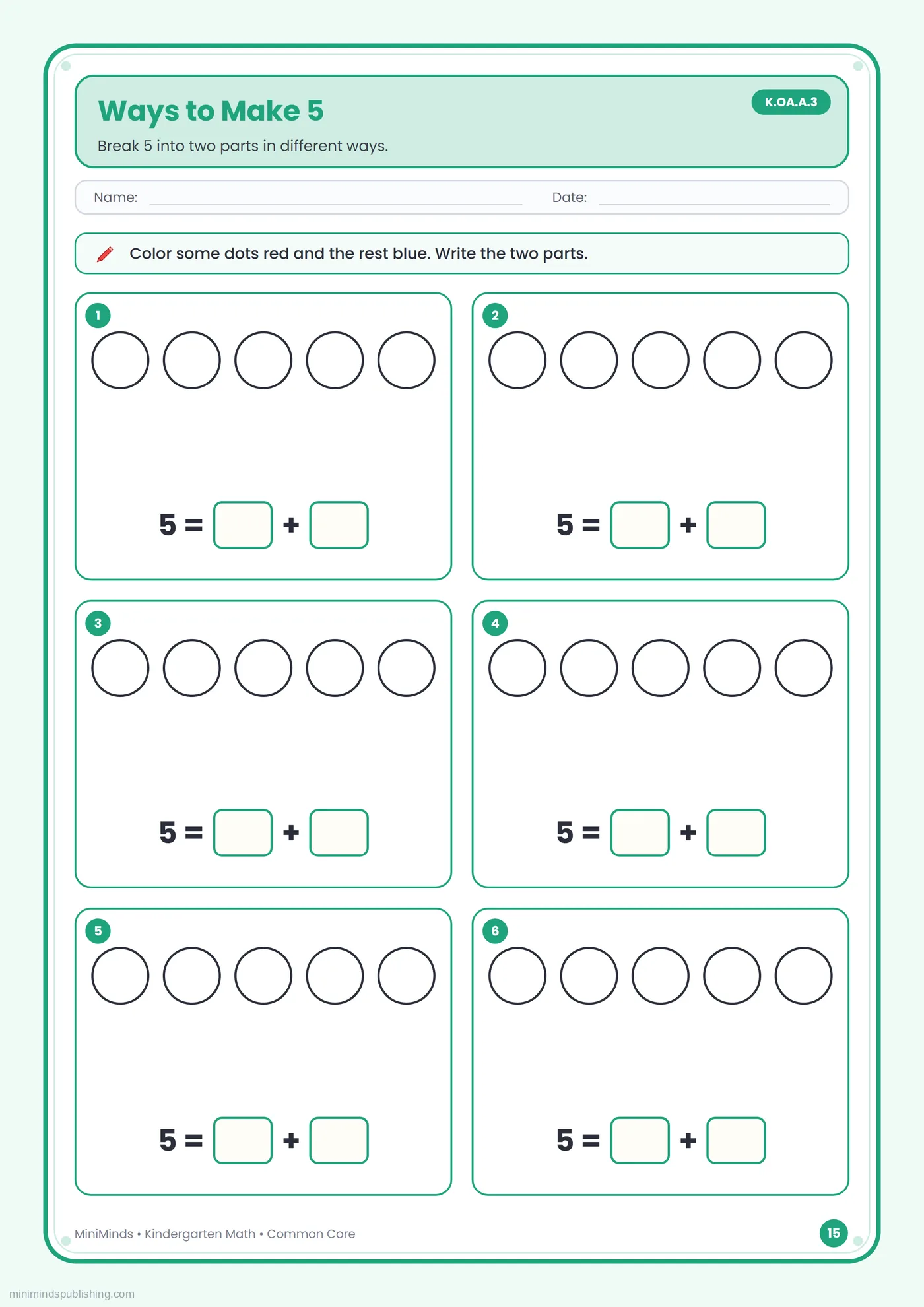 Ways to Make 5 — free printable Kindergarten math worksheet for ages 5-6