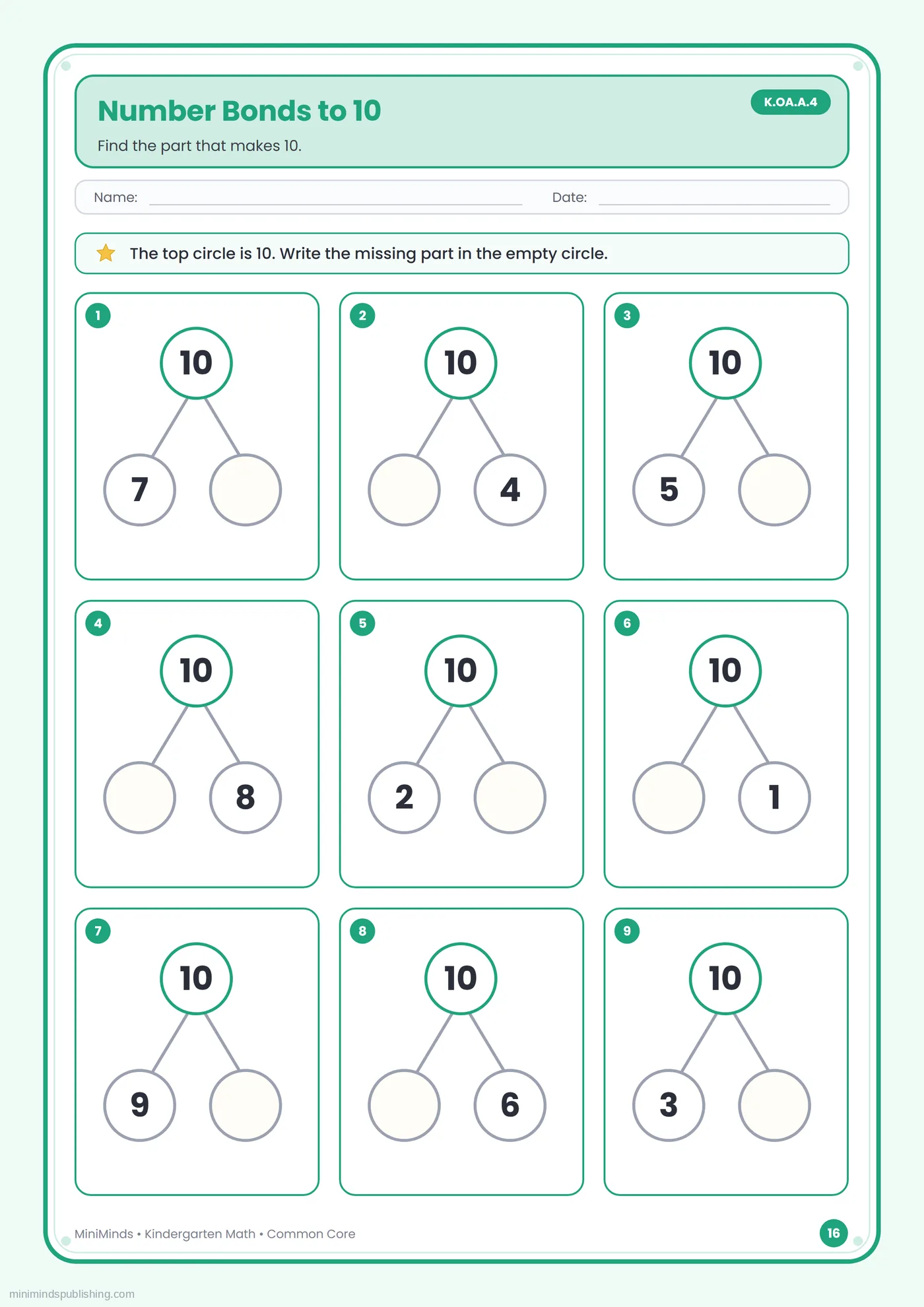 Number Bonds to 10 — free printable Kindergarten math worksheet for ages 5-6