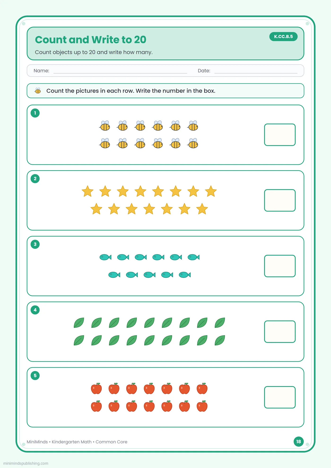 Count and Write to 20 — free printable Kindergarten math worksheet for ages 5-6