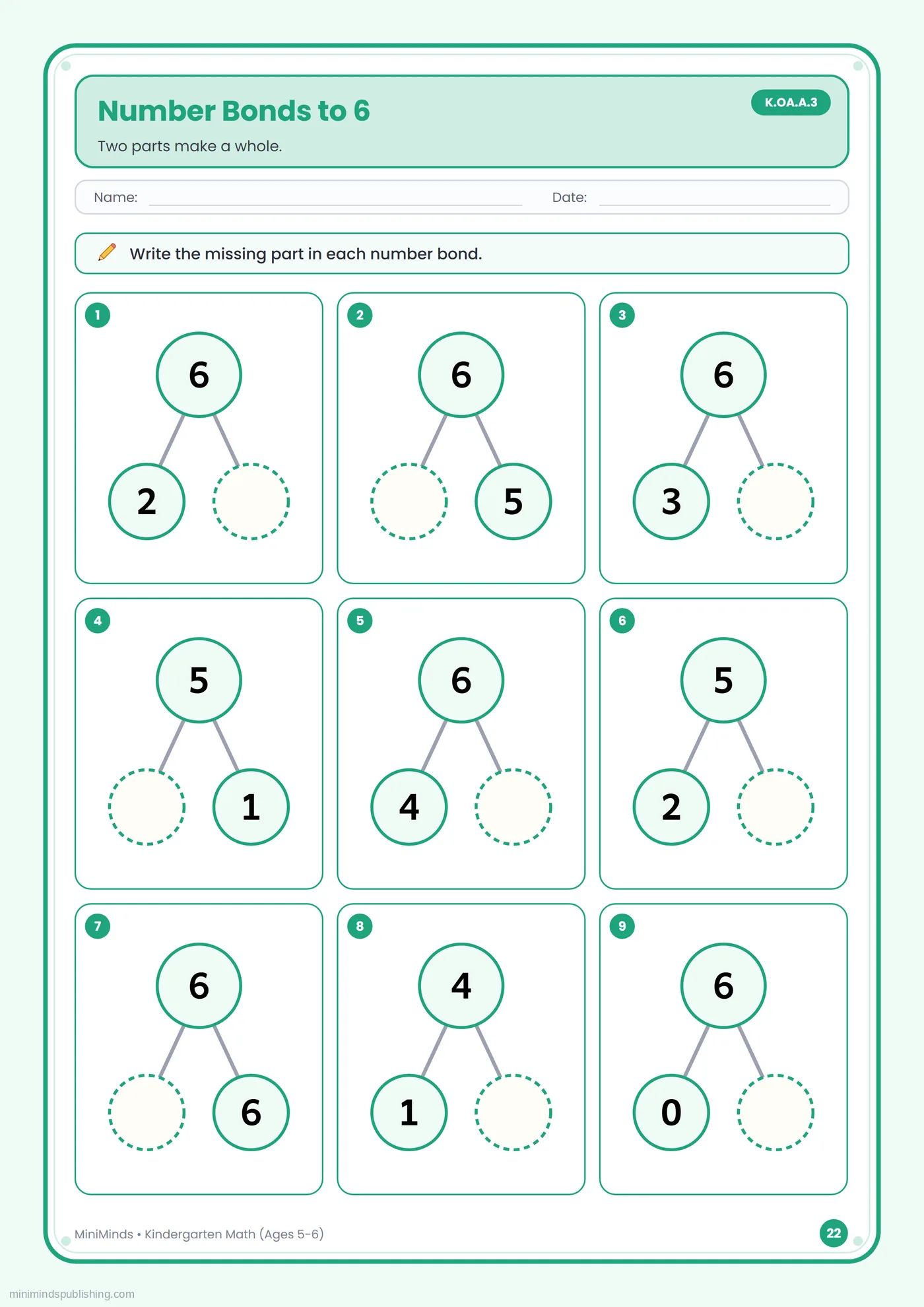 Number Bonds to 6 — free printable Kindergarten math worksheet for ages 5-6