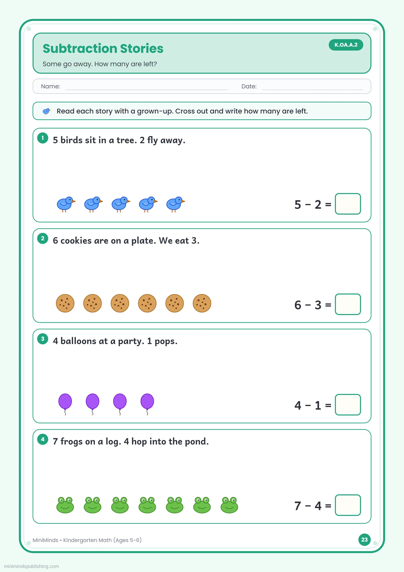 Subtraction Stories — free printable Kindergarten math worksheet for ages 5-6