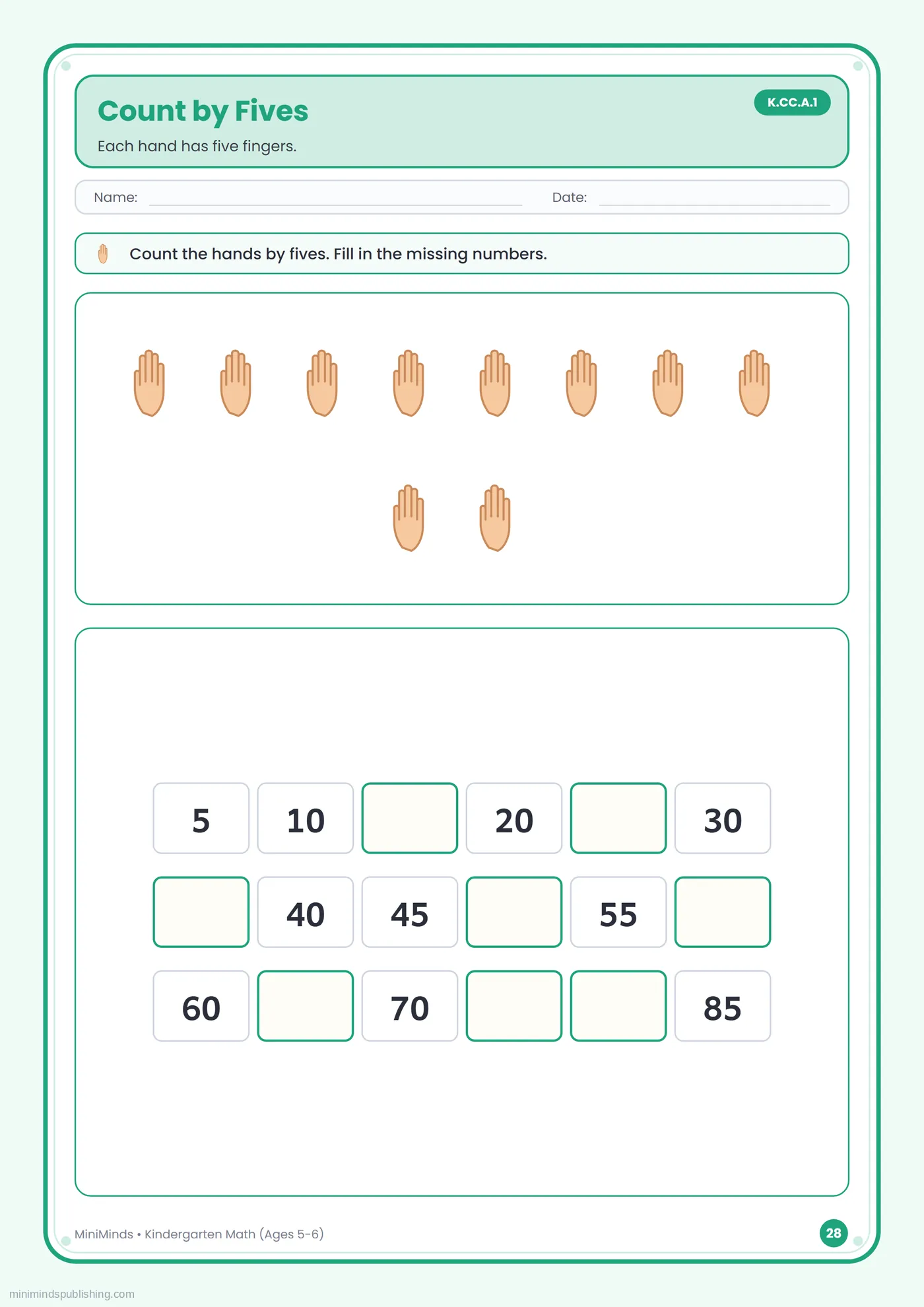 Count by Fives — free printable Kindergarten math worksheet for ages 5-6
