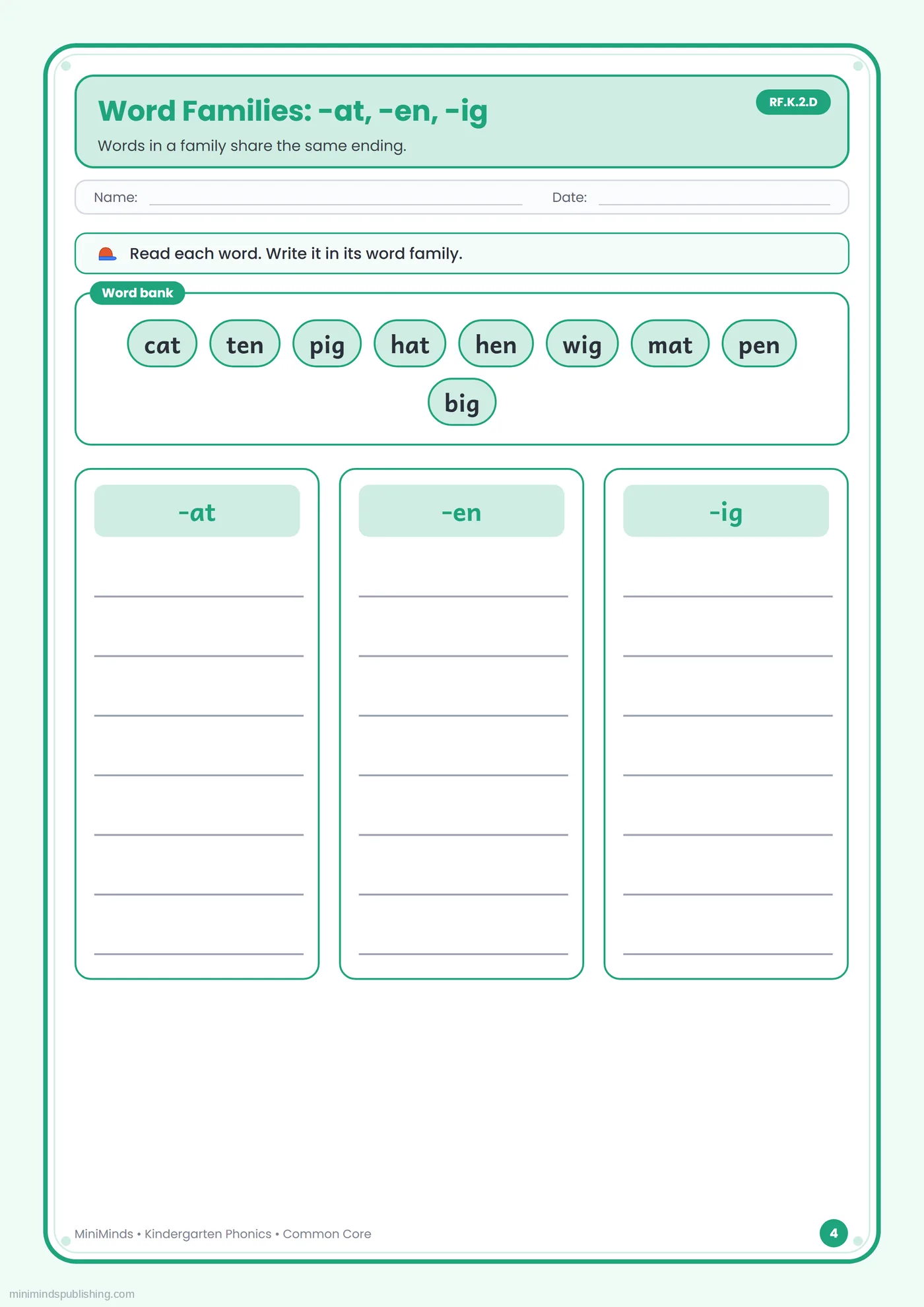 Word Families: -at, -en, -ig — Free Kindergarten Worksheet (PDF)