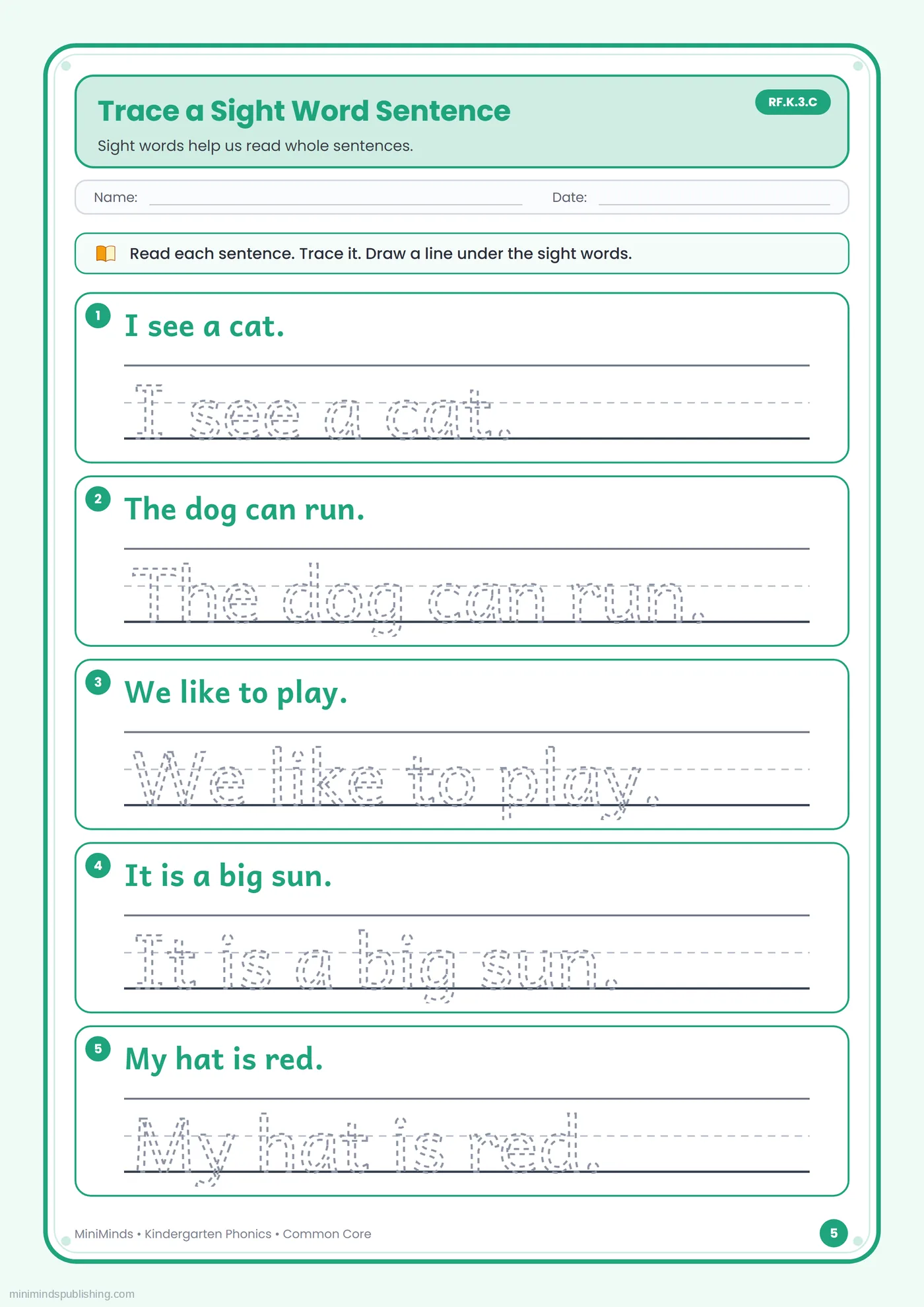 Trace a Sight Word Sentence — free printable Kindergarten phonics worksheet for ages 5-6