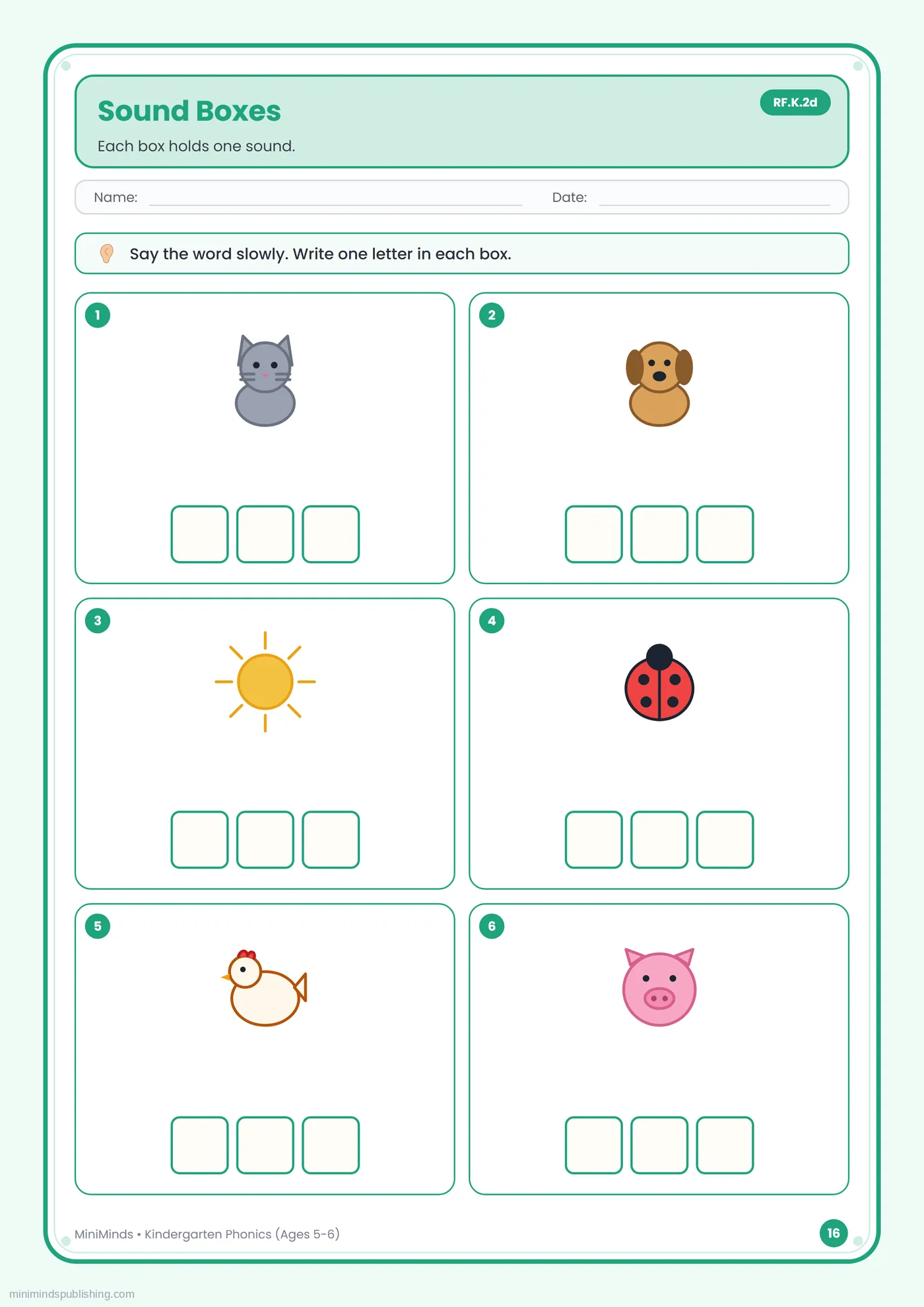 Sound Boxes — free printable Kindergarten phonics worksheet for ages 5-6
