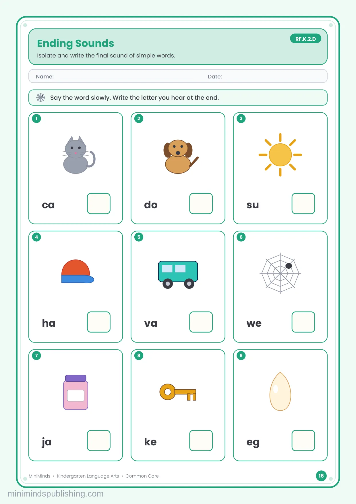 Ending Sounds — free printable Kindergarten reading & writing worksheet for ages 5-6