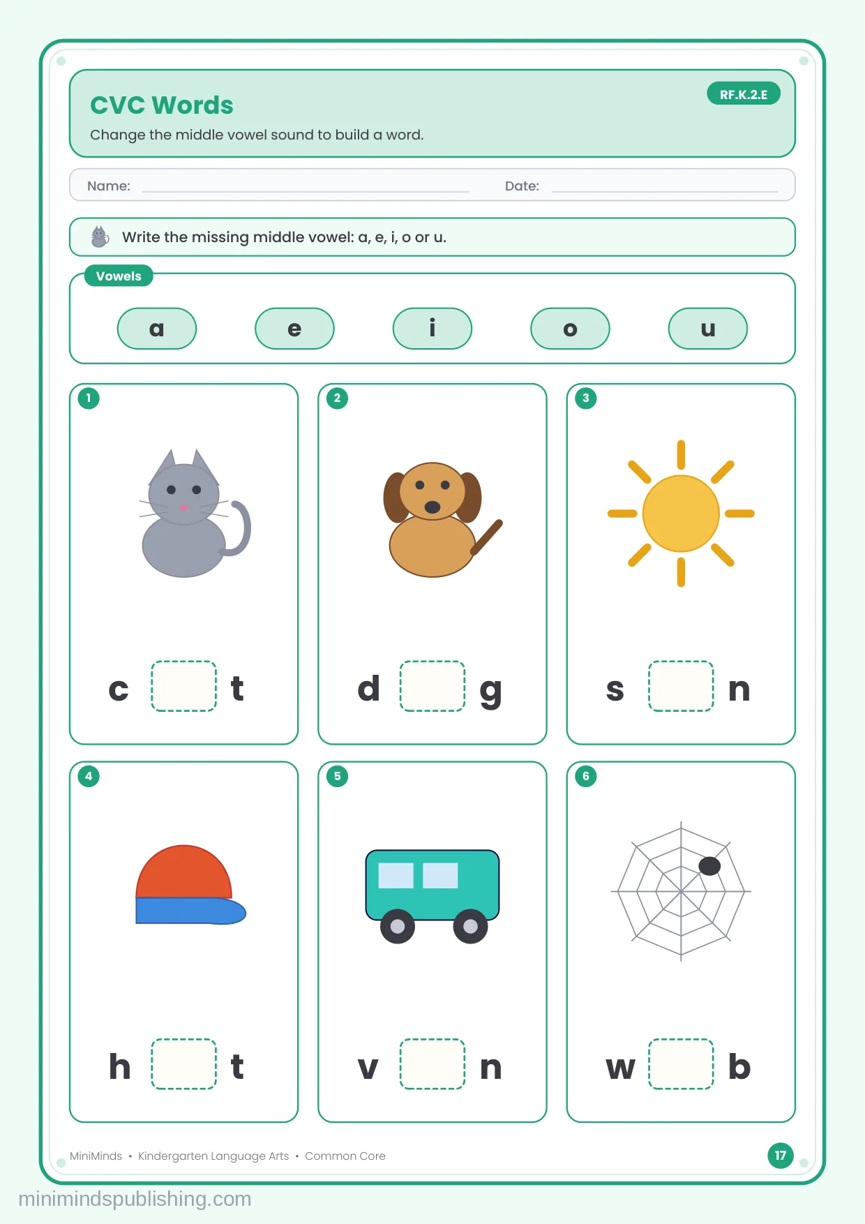 CVC Words — free printable Kindergarten reading & writing worksheet for ages 5-6