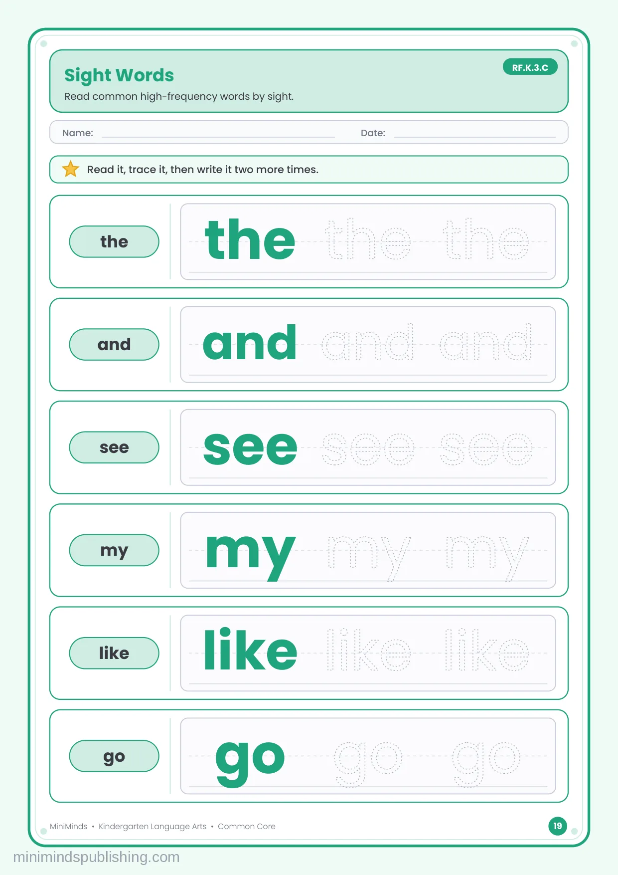 Sight Words — free printable Kindergarten reading & writing worksheet for ages 5-6