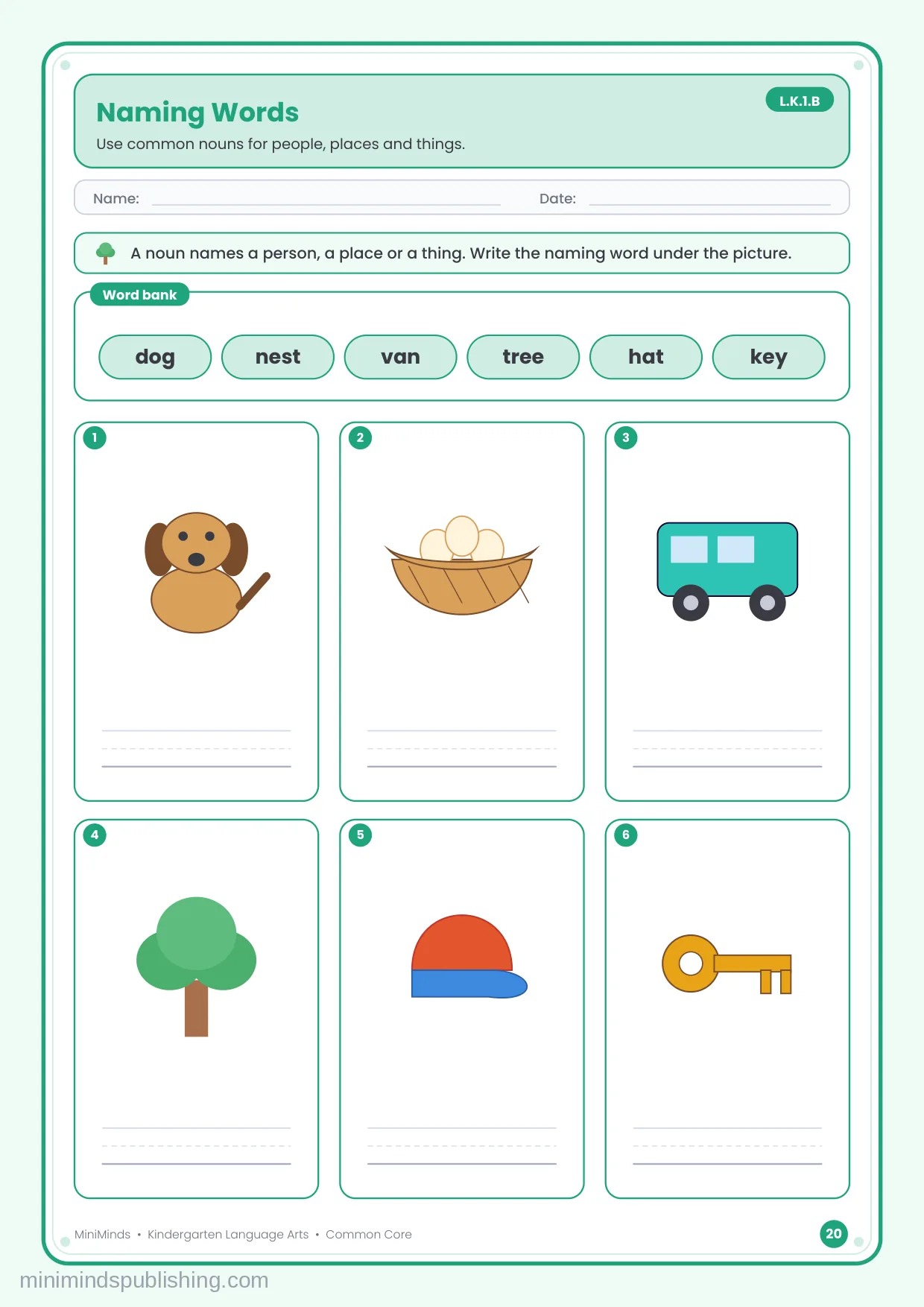 Naming Words — free printable Kindergarten reading & writing worksheet for ages 5-6