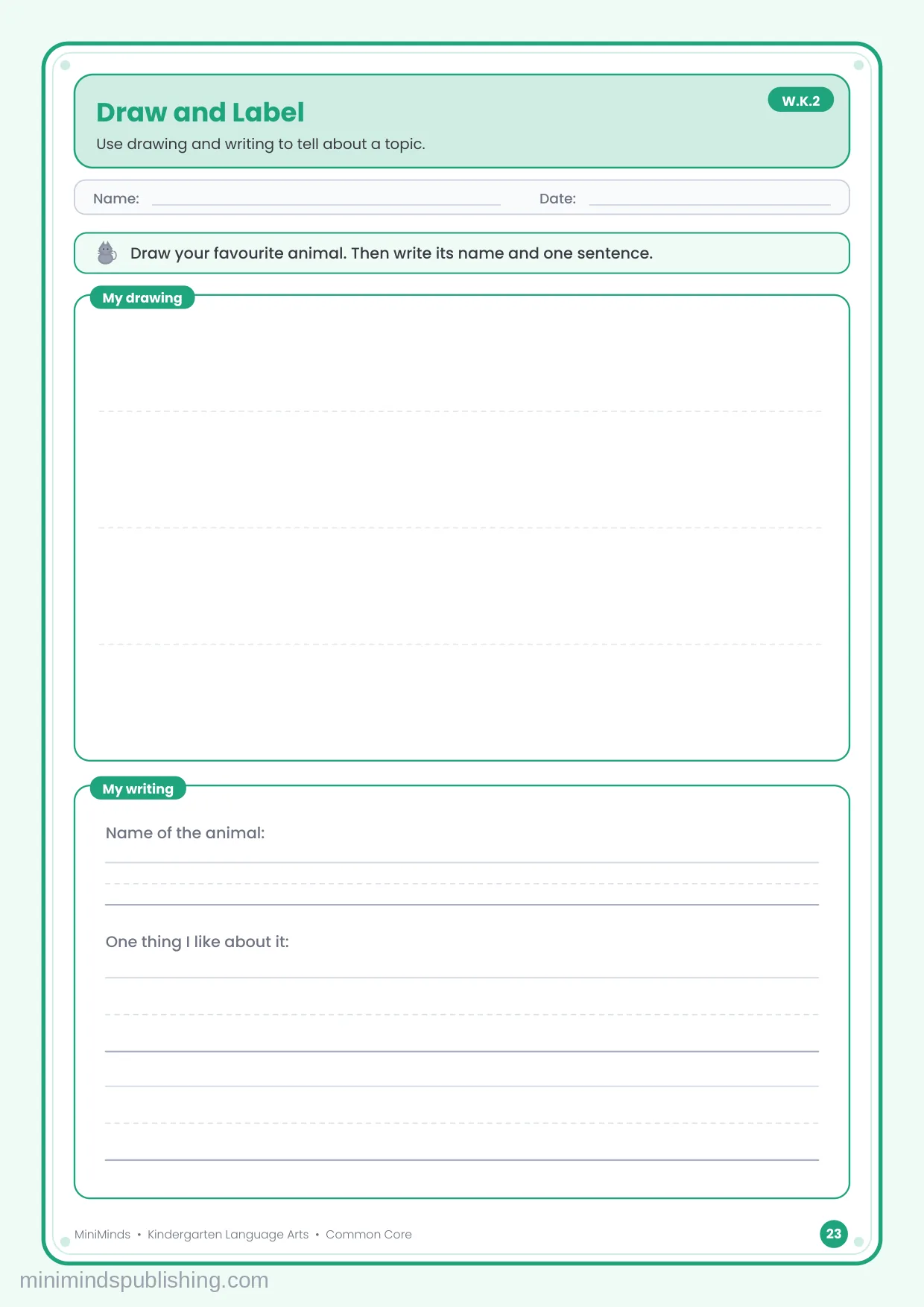 Draw and Label — free printable Kindergarten reading & writing worksheet for ages 5-6