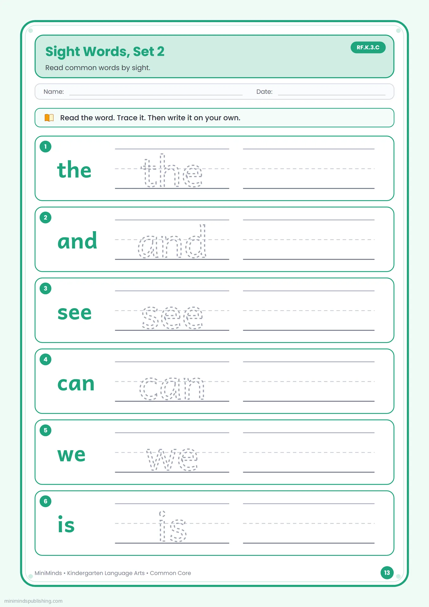 Sight Words, Set 2 — free printable Kindergarten reading & writing worksheet for ages 5-6