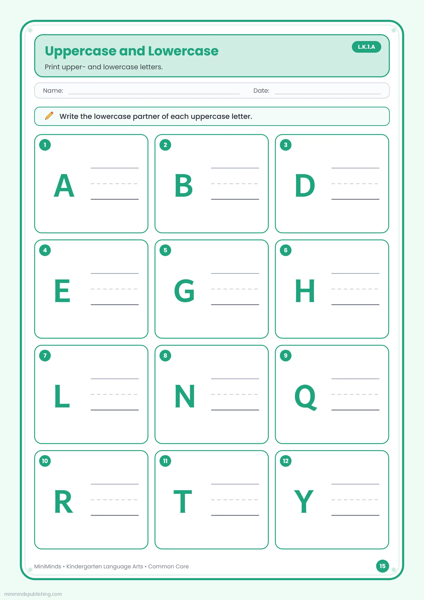 Uppercase and Lowercase — free printable Kindergarten reading & writing worksheet for ages 5-6