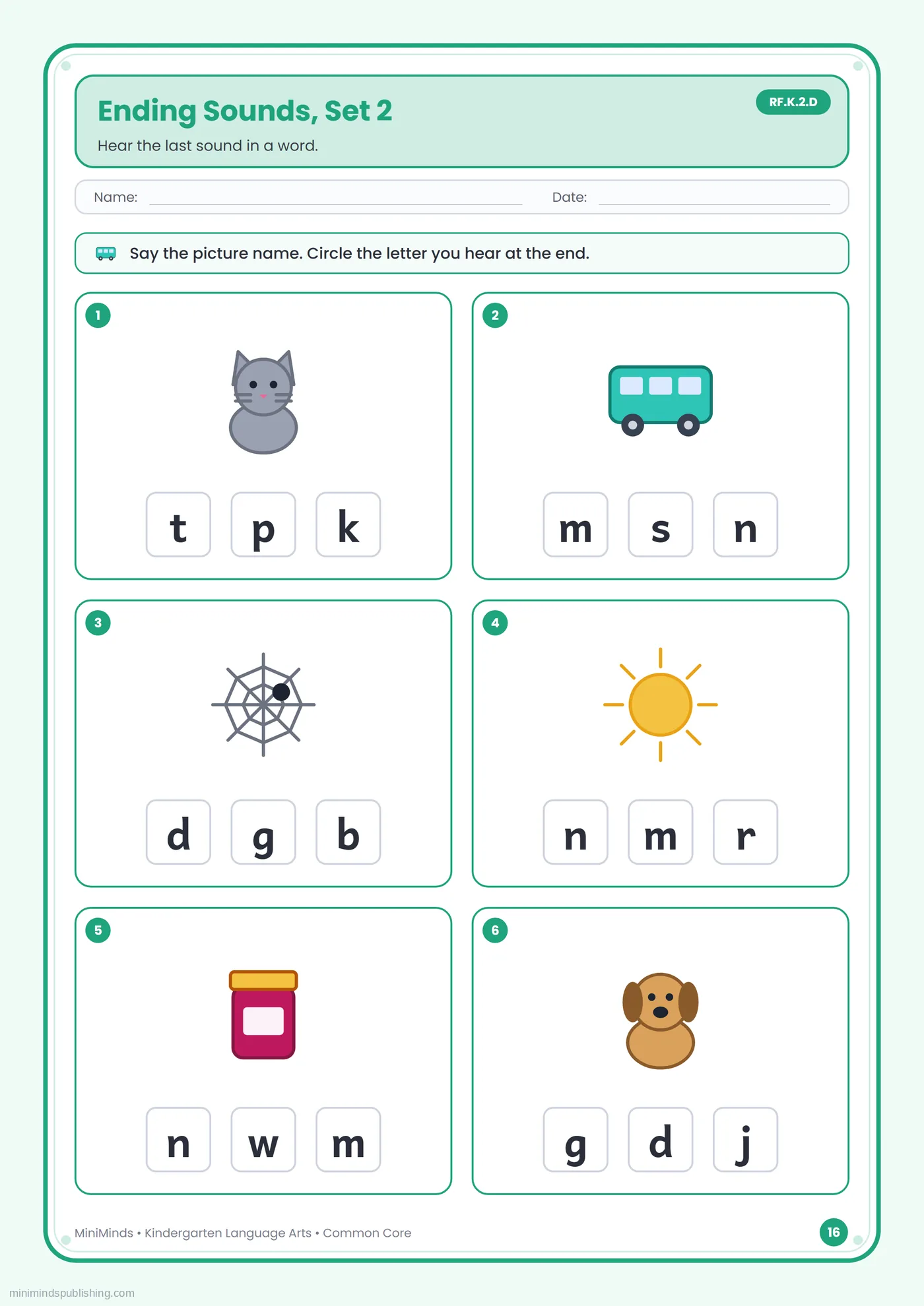 Ending Sounds, Set 2 — free printable Kindergarten reading & writing worksheet for ages 5-6