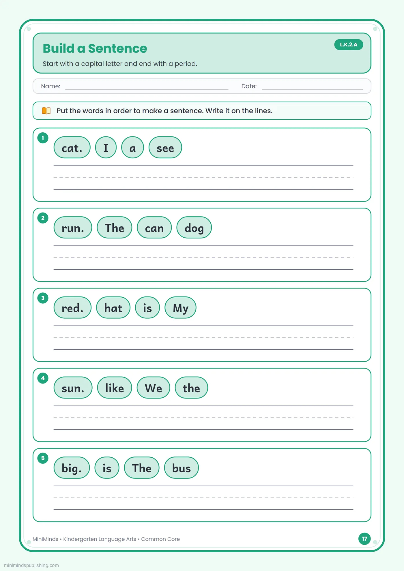 Build a Sentence — free printable Kindergarten reading & writing worksheet for ages 5-6